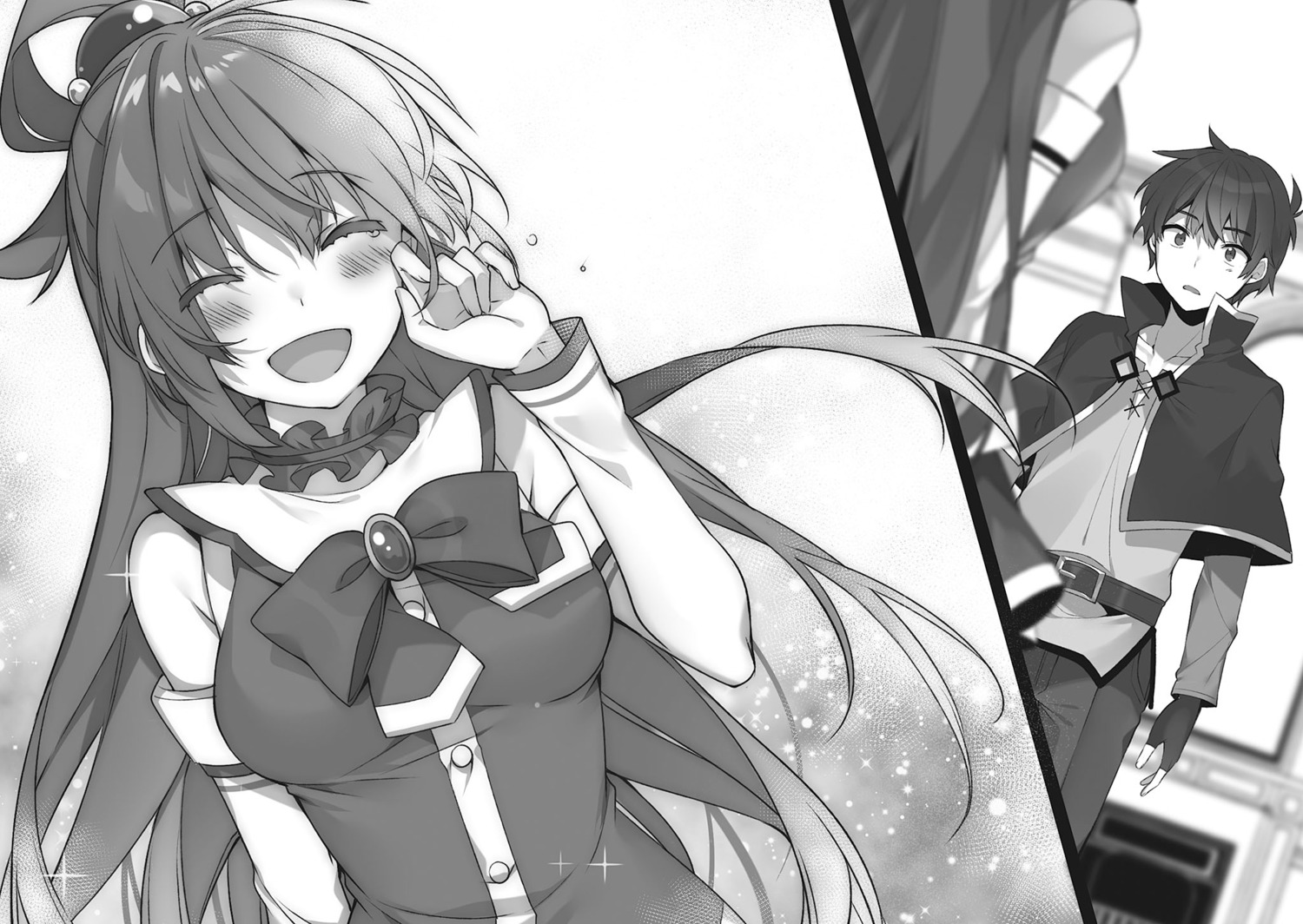 aqua_(konosuba) kono_subarashii_sekai_ni_shukufuku_wo! mishima_kurone monochrome satou_kazuma