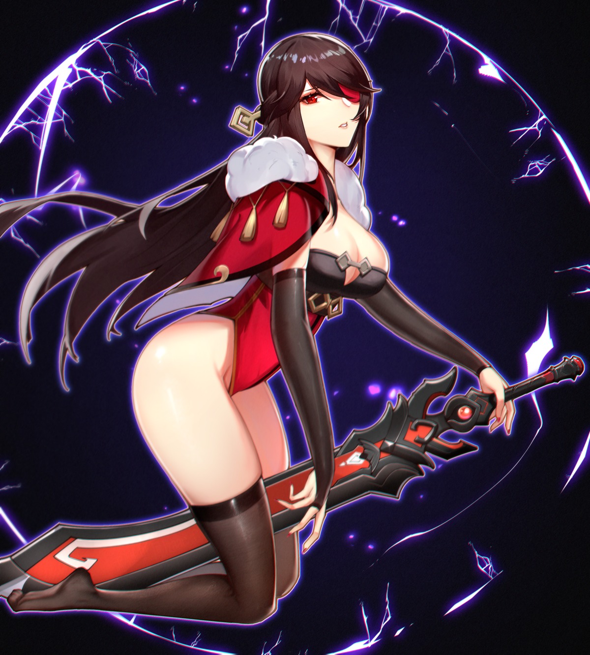 beidou eyepatch genshin_impact izaac leotard no_bra sword thighhighs