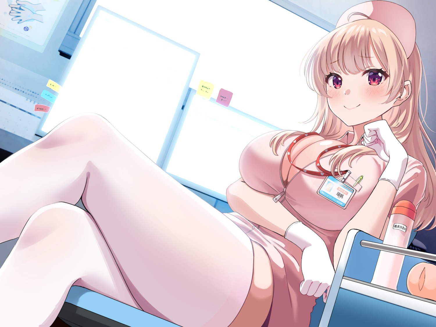 cleavage no_bra nurse open_shirt shiokazunoko thighhighs