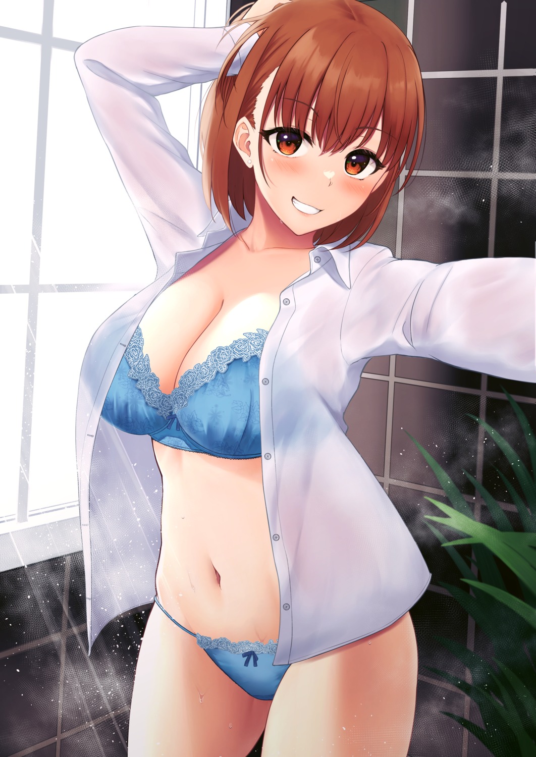 bra open_shirt pantsu satosi see_through selfie thong wet wet_clothes