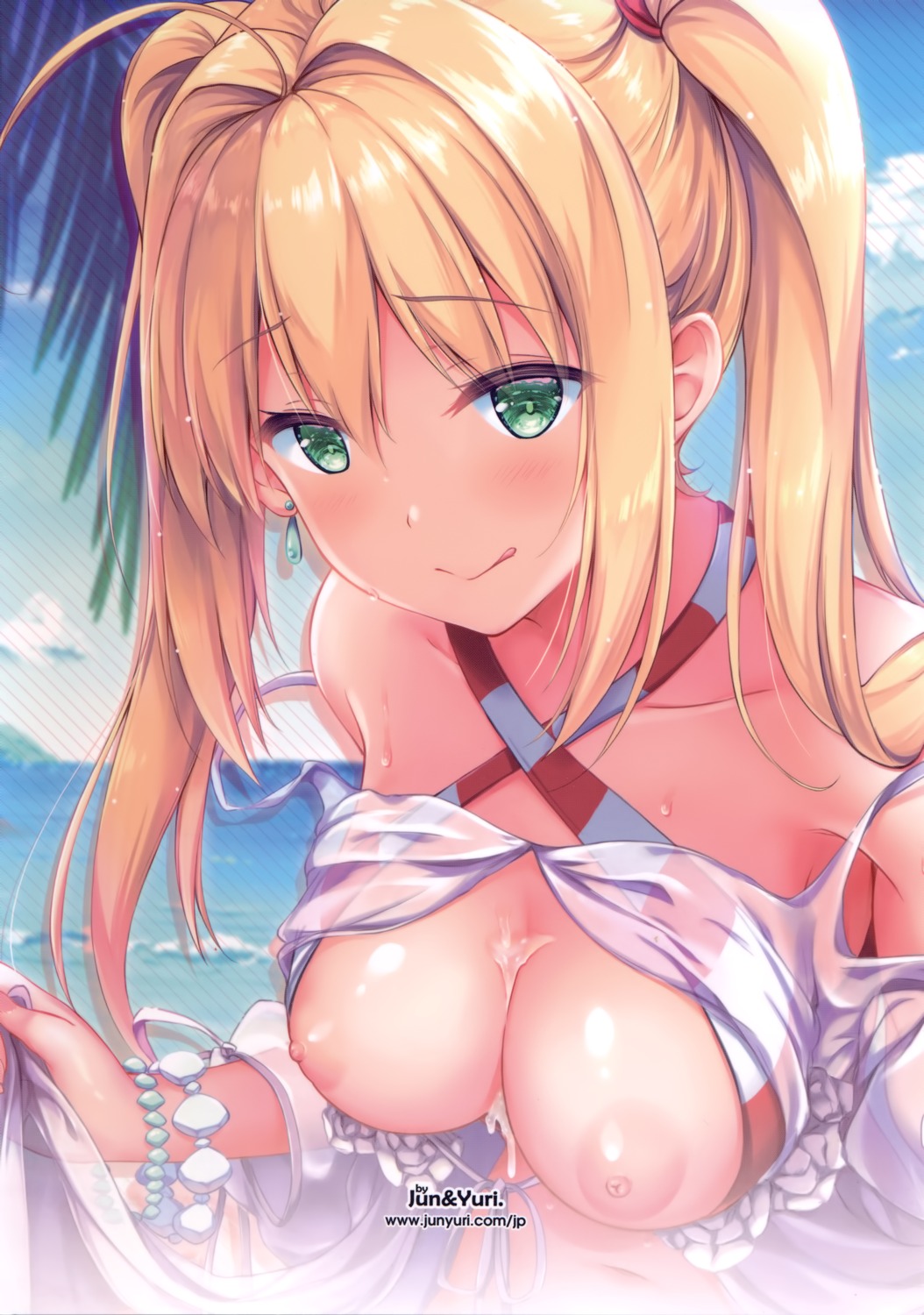 bikini_top breasts cream fate/grand_order jun&yuri nipples saber_extra skirt_lift swimsuits yuriko_(jun&yuri)