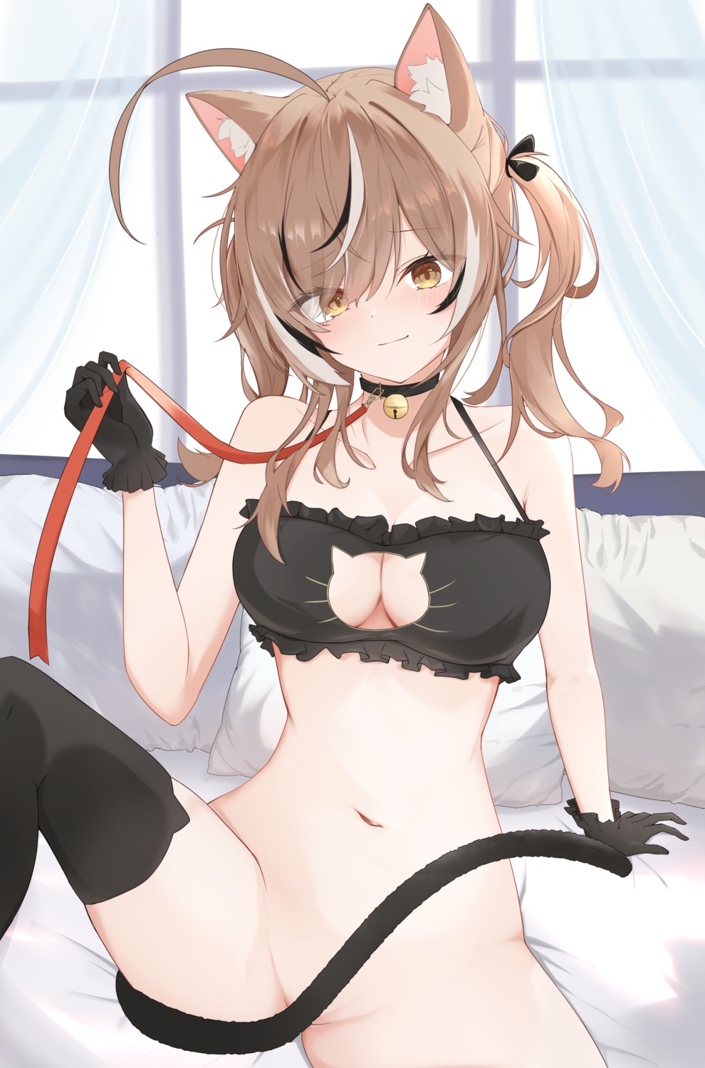 animal_ears bottomless bra hololive hololive_english nanashi_mumei narukahana nekomimi tail thighhighs