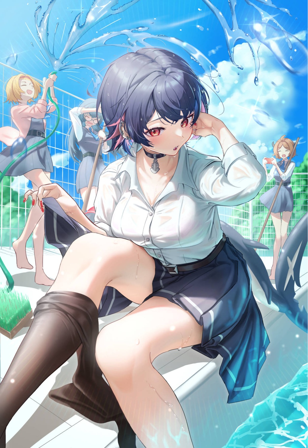 bra ellen_joe horns kinoyama_(0202) megane pantyhose see_through seifuku skirt_lift tail wet wet_clothes zenless_zone_zero