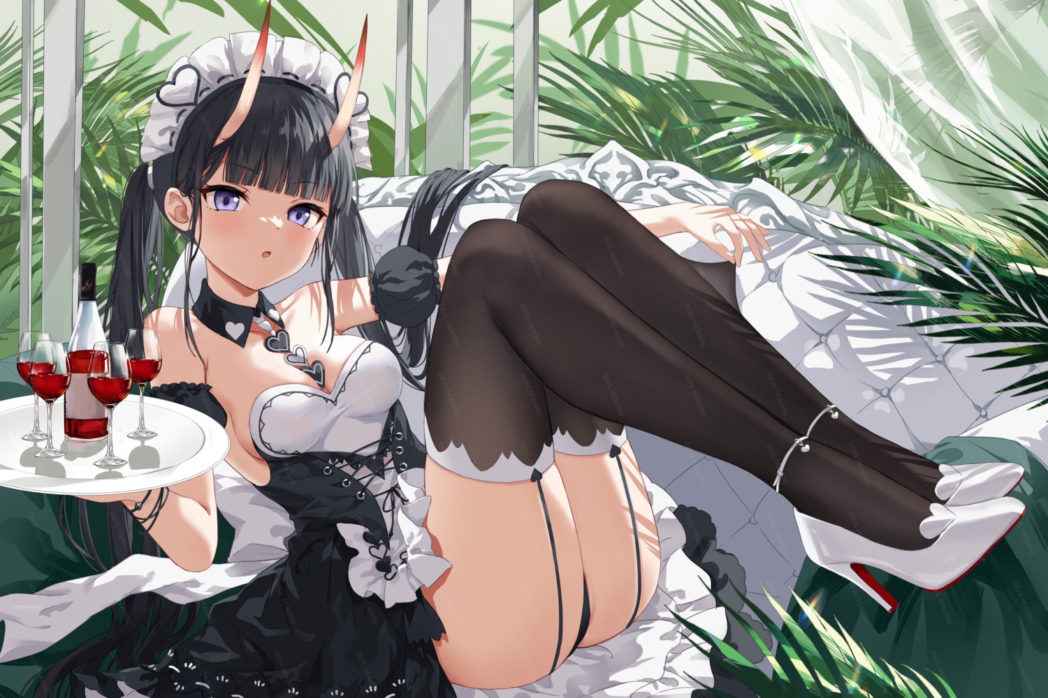 azur_lane devil_heavens heels horns maid no_bra noshiro_(azur_lane) pantsu skirt_lift stockings thighhighs thong waitress watermark