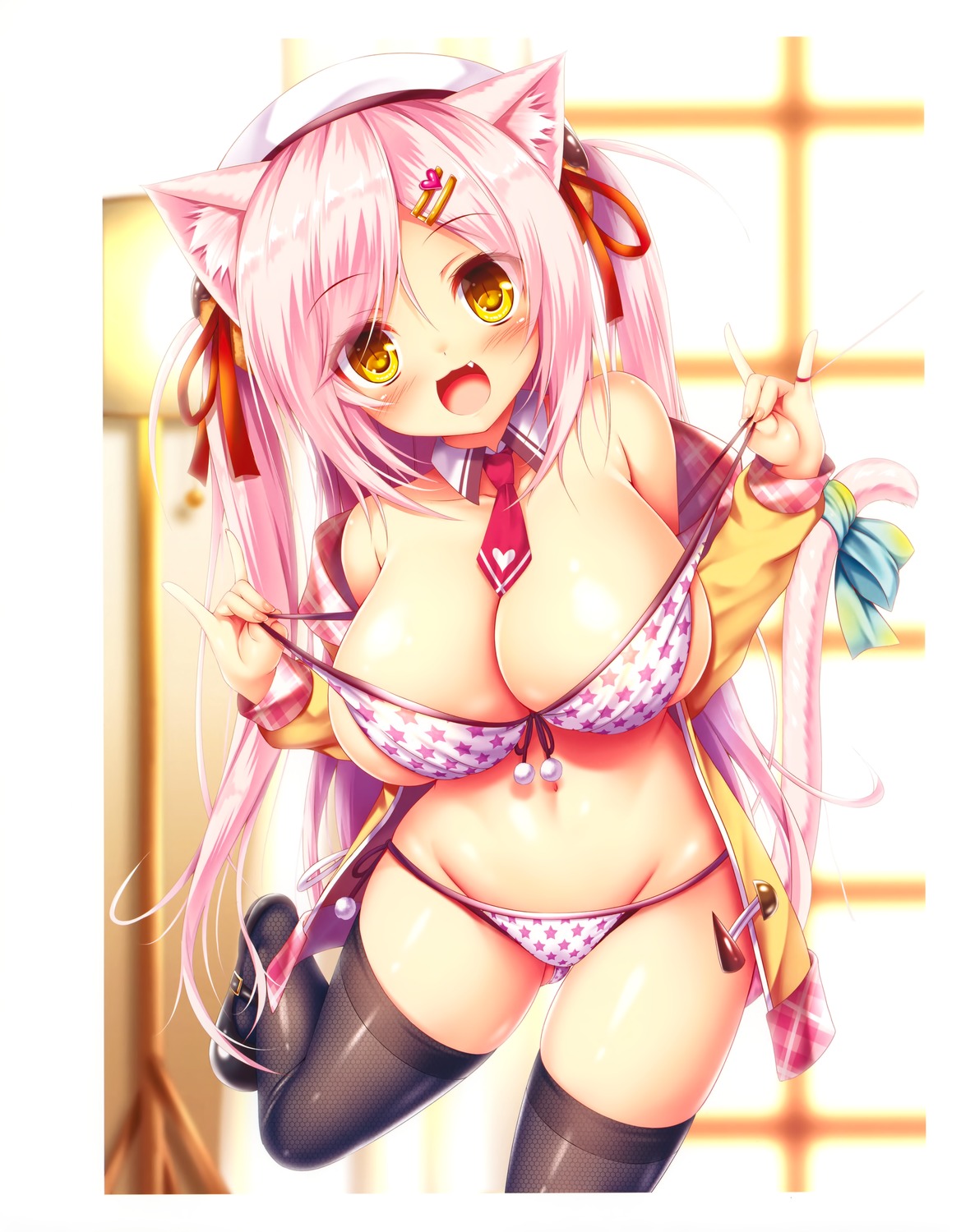 animal_ears bikini nekomimi open_shirt shia_flatpaddy swimsuits syroh tail thighhighs undressing