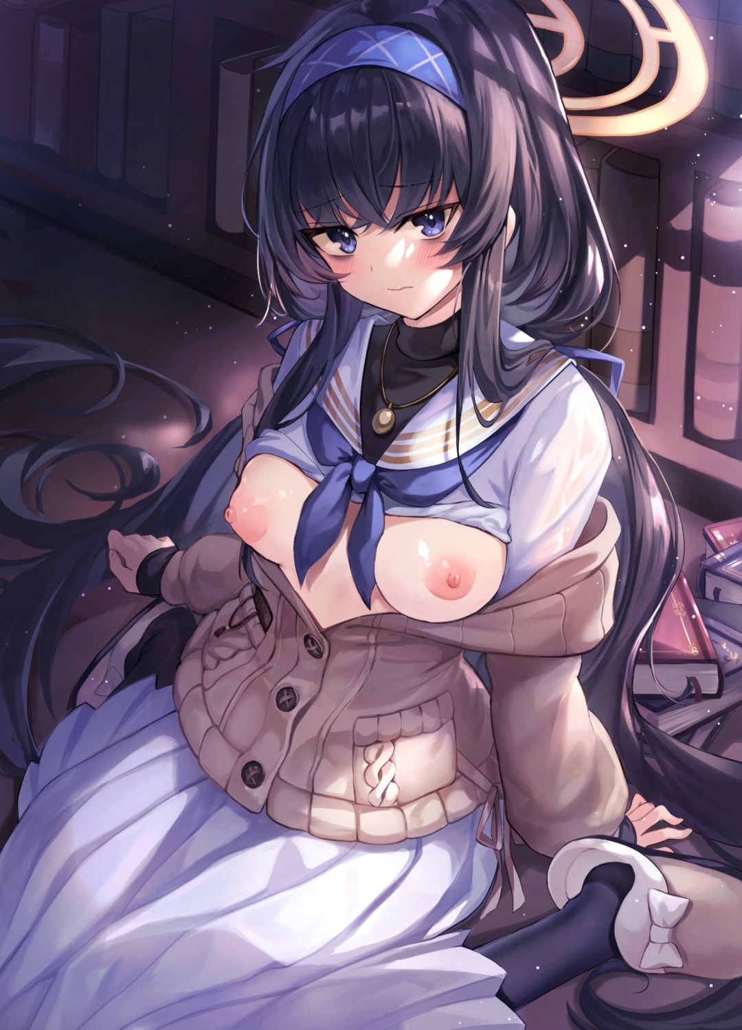 blue_archive doco_(doco3811) halo kozeki_ui nipples no_bra open_shirt pantyhose seifuku shirt_lift sweater