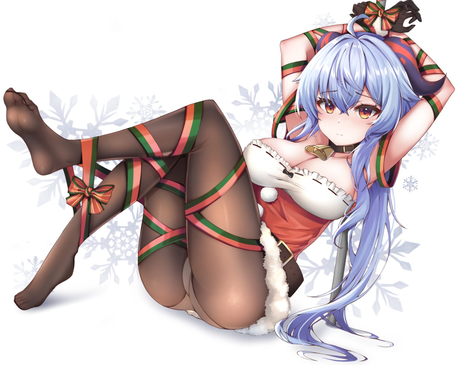 bondage christmas feet ganyu genshin_impact horns nahanmin no_bra pantsu pantyhose skirt_lift