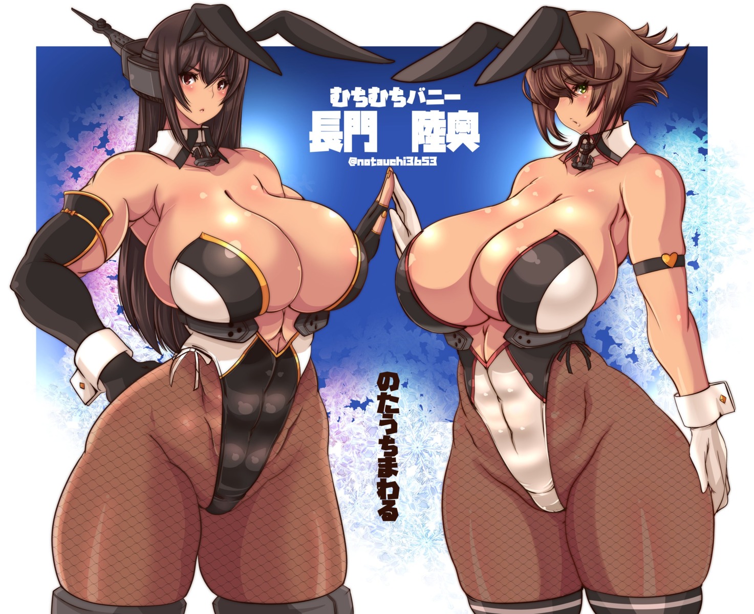 animal_ears bunny_ears bunny_girl eyepatch fishnets kantai_collection mutsu_(kancolle) nagato_(kancolle) no_bra notauchi_mawaru_ni-shiki pantyhose thighhighs