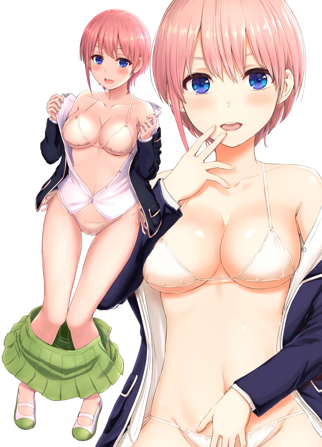 5-toubun_no_hanayome bikini breast_hold cameltoe inanaki_shiki nakano_ichika open_shirt seifuku swimsuits undressing