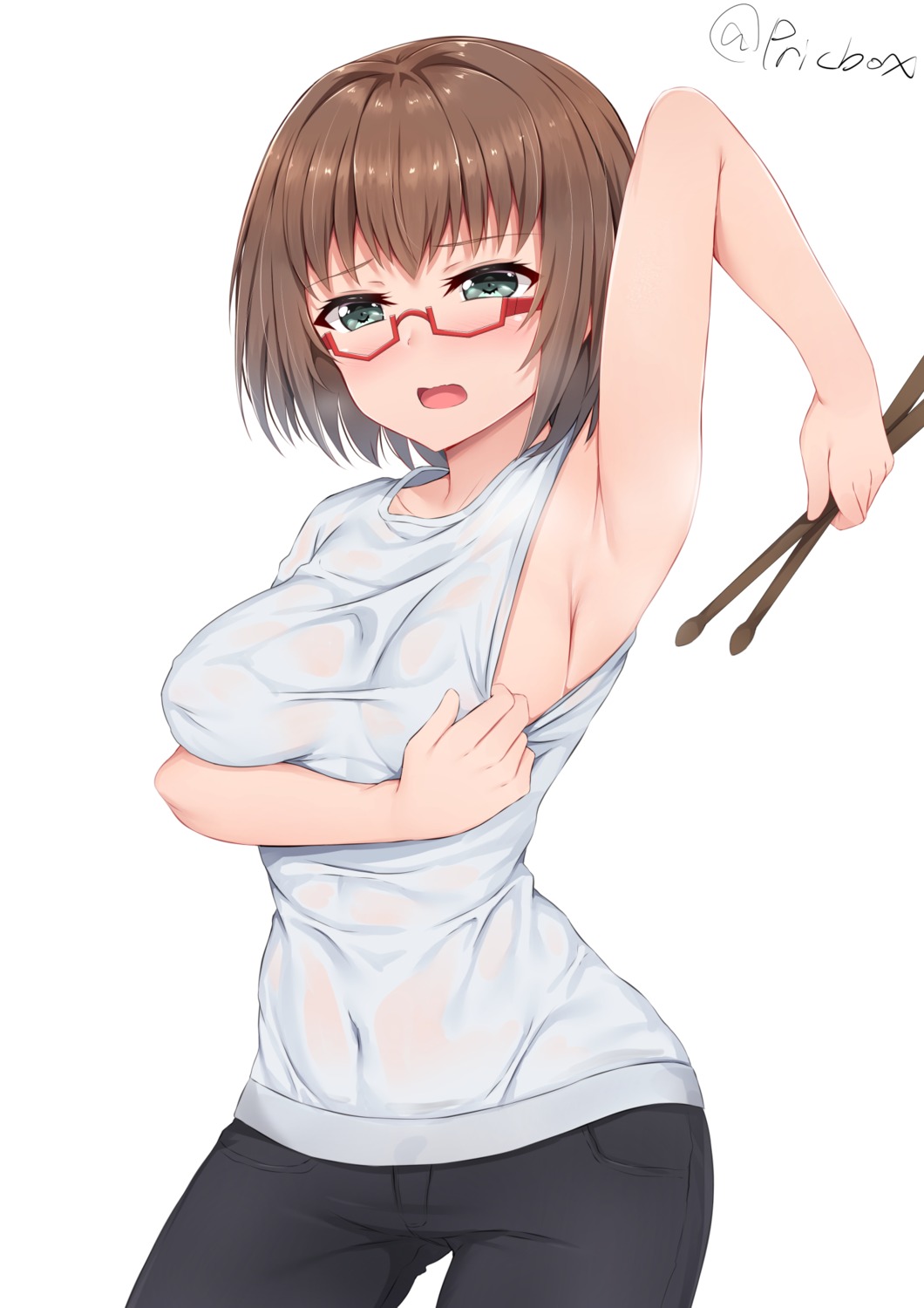 bang_dream! breast_hold megane naitou_kirara no_bra see_through wet_clothes yamato_maya