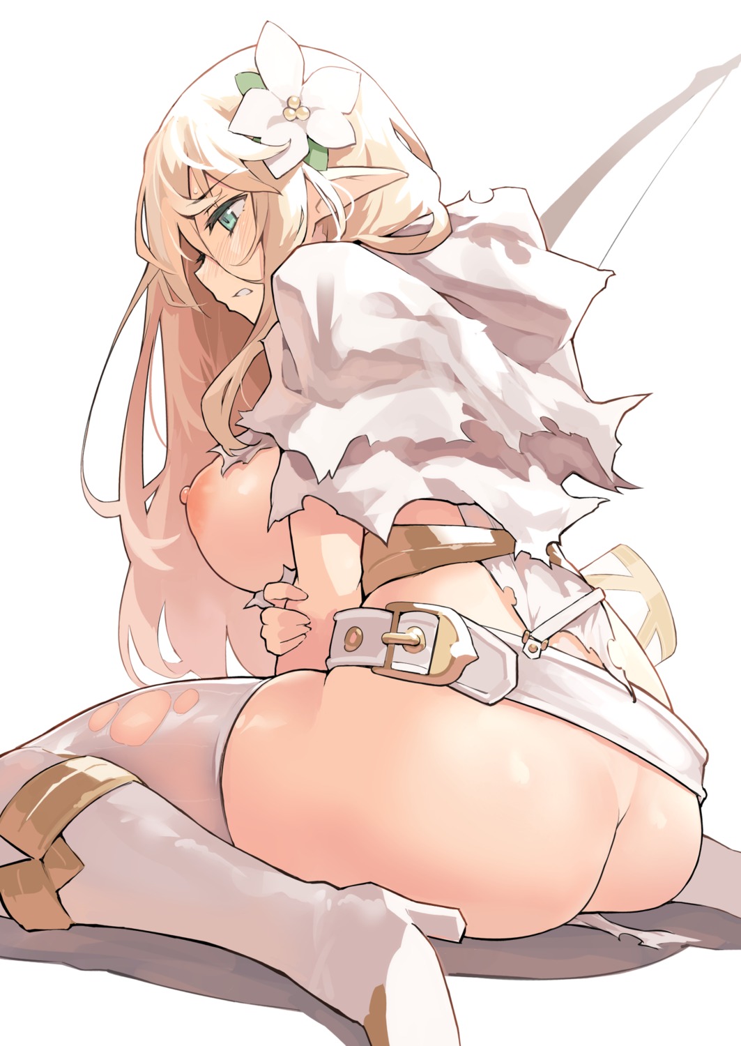 ass bottomless breast_hold breasts elf heels kekemotsu nipples no_bra pointy_ears thighhighs torn_clothes