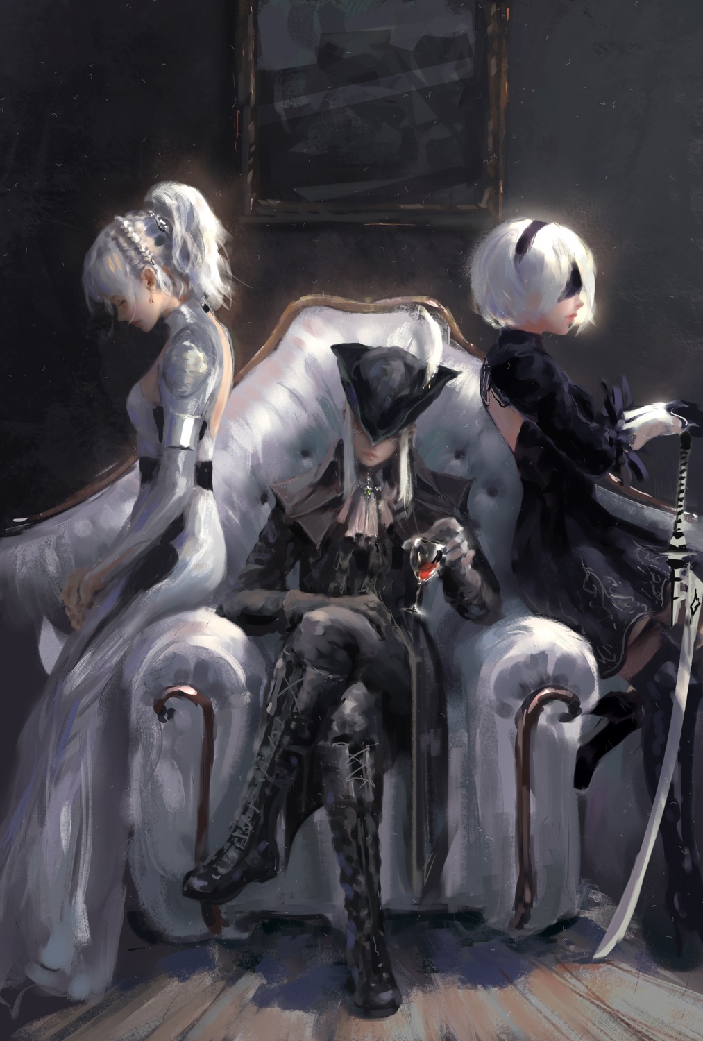 bloodborne crossover dress final_fantasy final_fantasy_xv heels lady_maria_of_the_astral_clocktower lunafreya_nox_fleuret nier_automata sword thighhighs wlop yorha_no.2_type_b