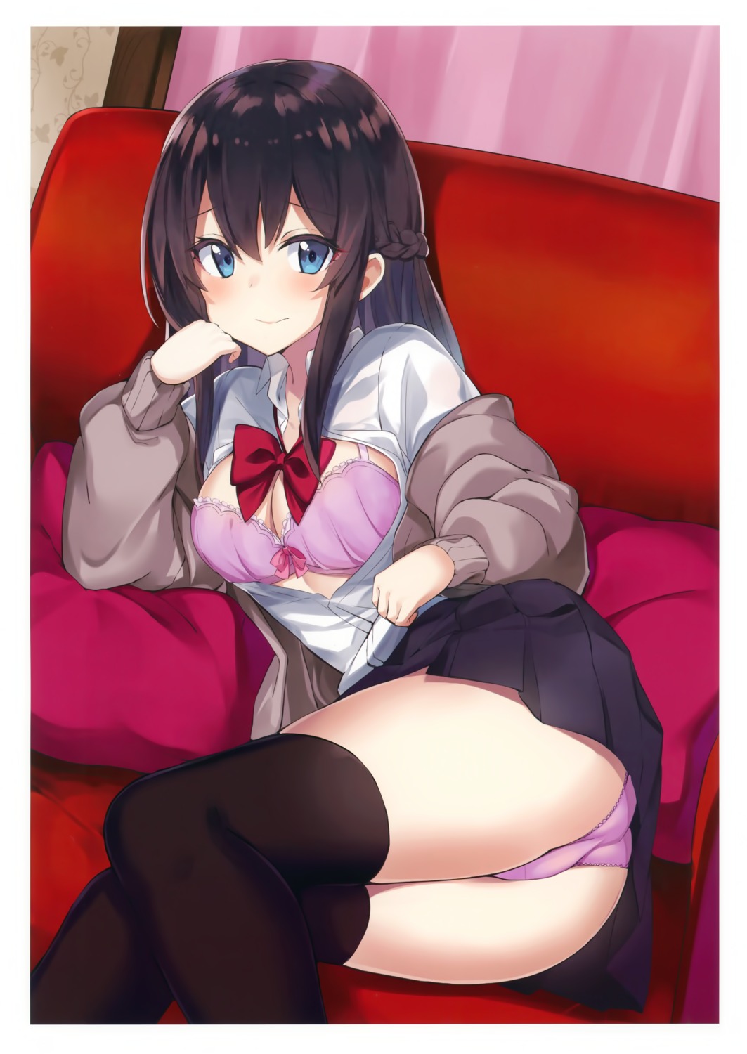 ass bra cleavage open_shirt pantsu seifuku skirt_lift sweater takehana_note thighhighs