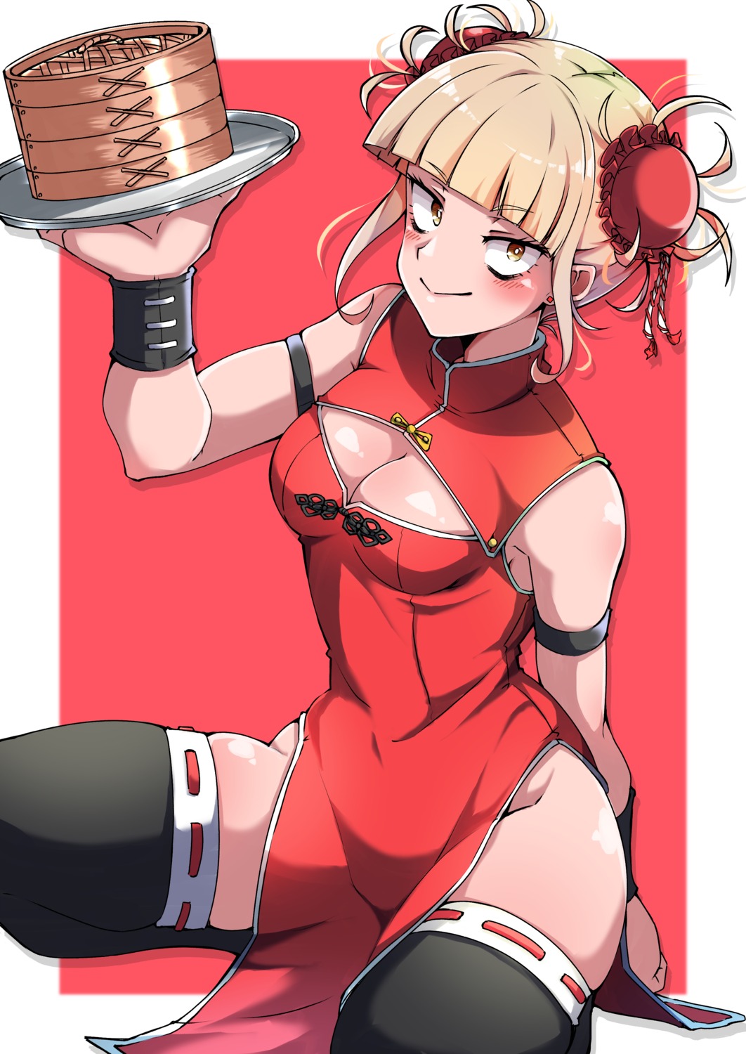 boku_no_hero_academia chinadress cleavage shinonome_mozuku thighhighs toga_himiko waitress