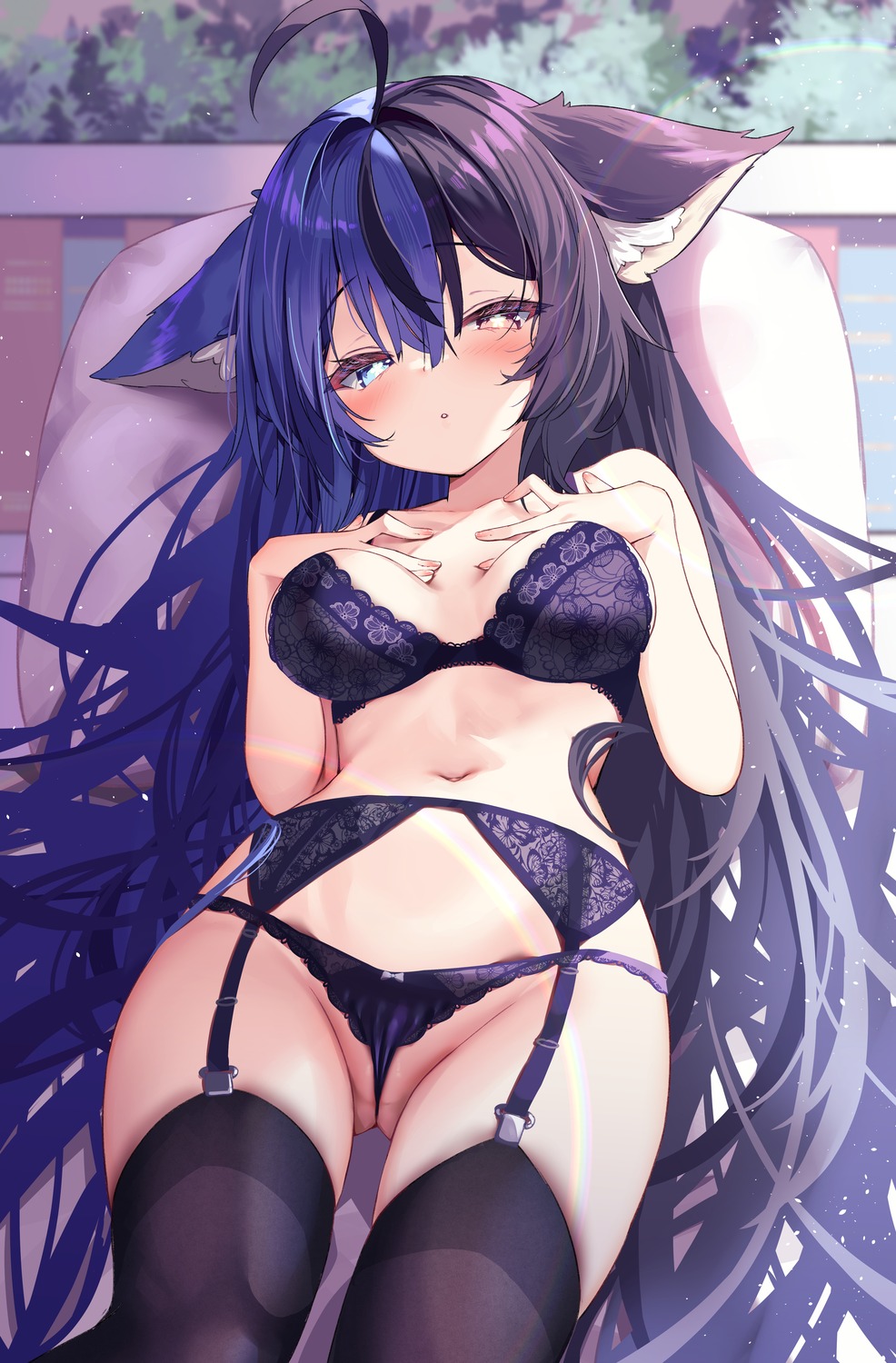 animal_ears bra heterochromia nyahu_(nyahu_77) pantsu stockings thighhighs