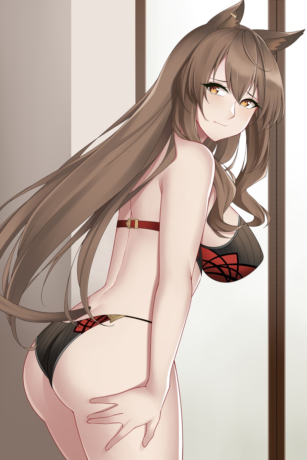 animal_ears arknights aslindsamure ass bra pantsu skyfire_(arknights) tail thong