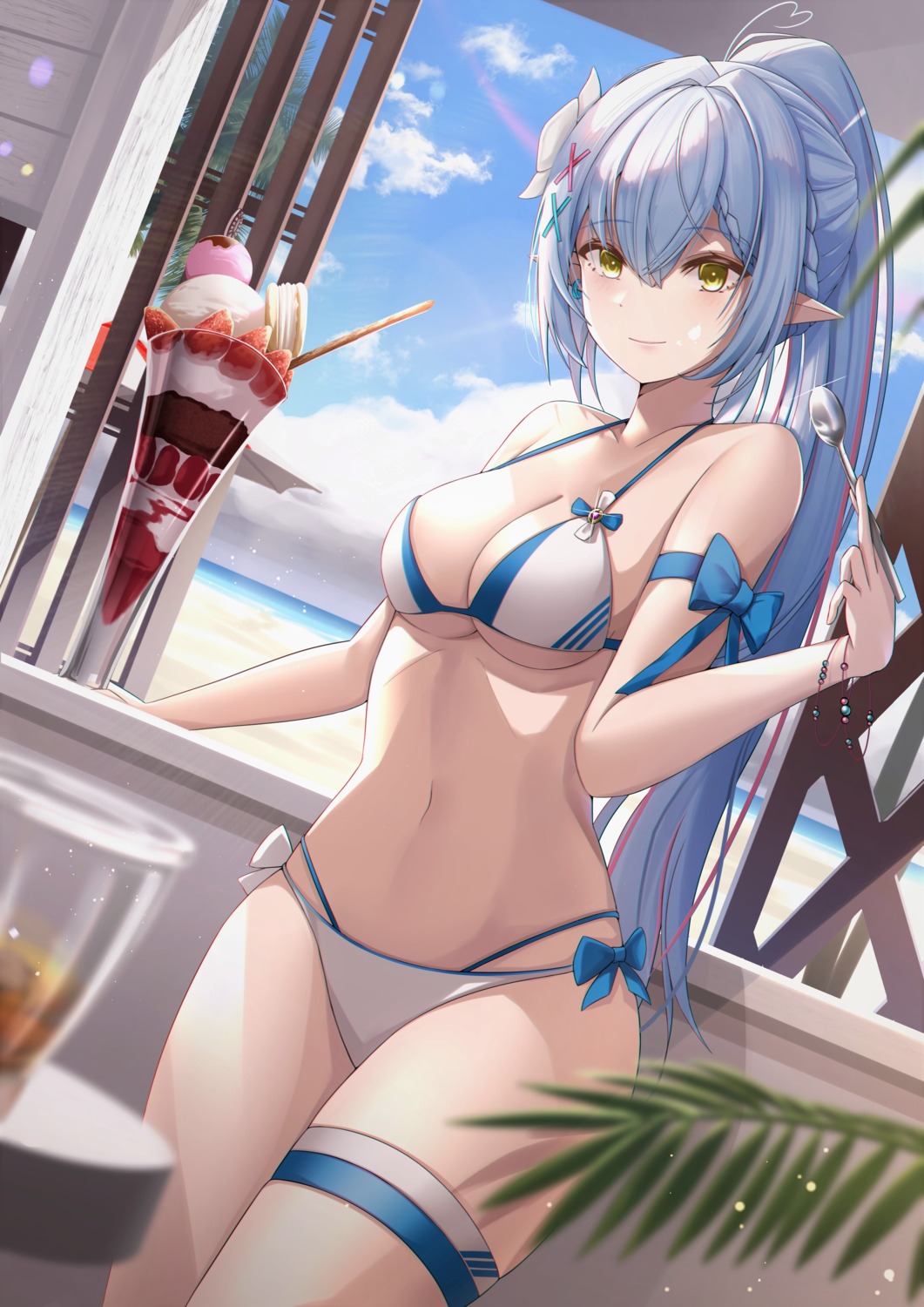 bikini elf garter hololive pointy_ears swimsuits winterlime12 yukihana_lamy