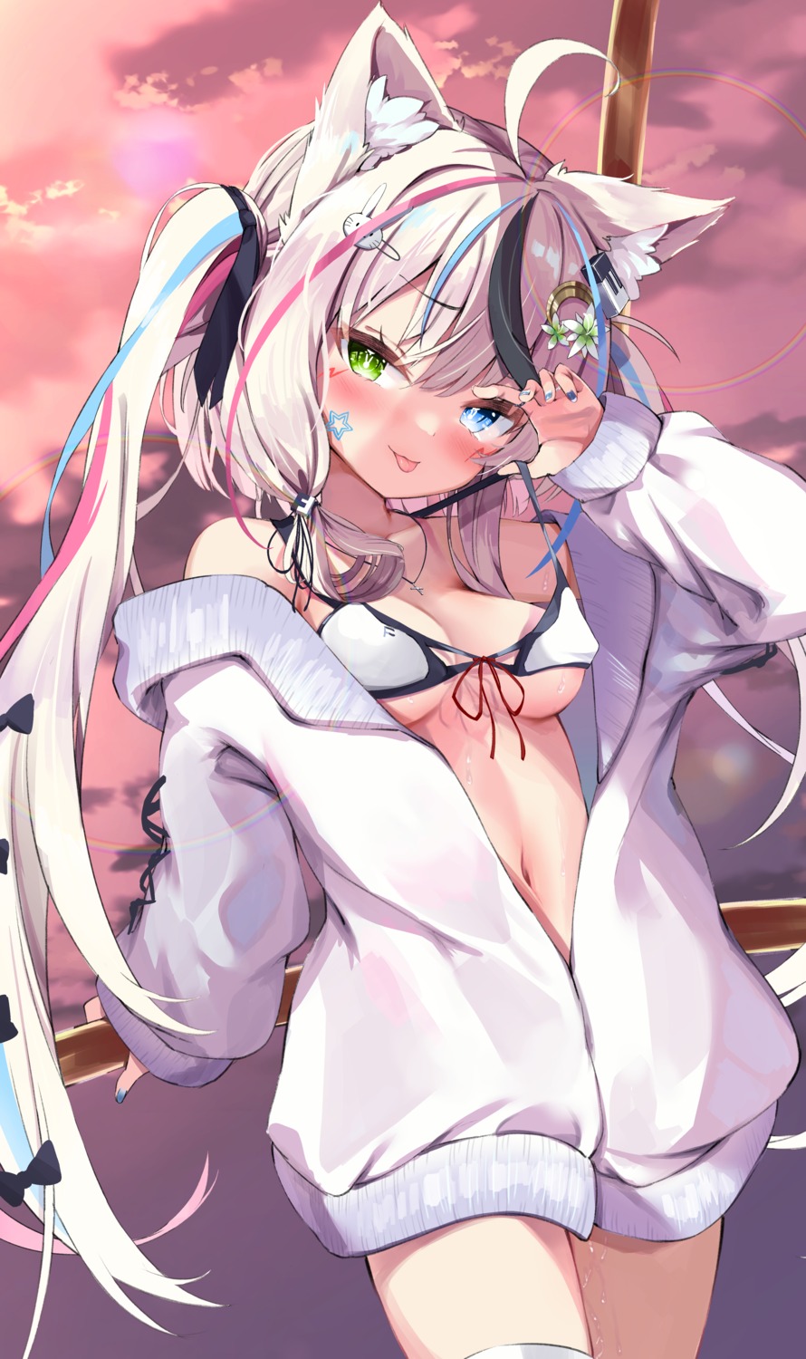 animal_ears bikini_top foiv_(vrchat) heterochromia nekomimi nyahu_(nyahu_77) open_shirt swimsuits undressing vrchat wet