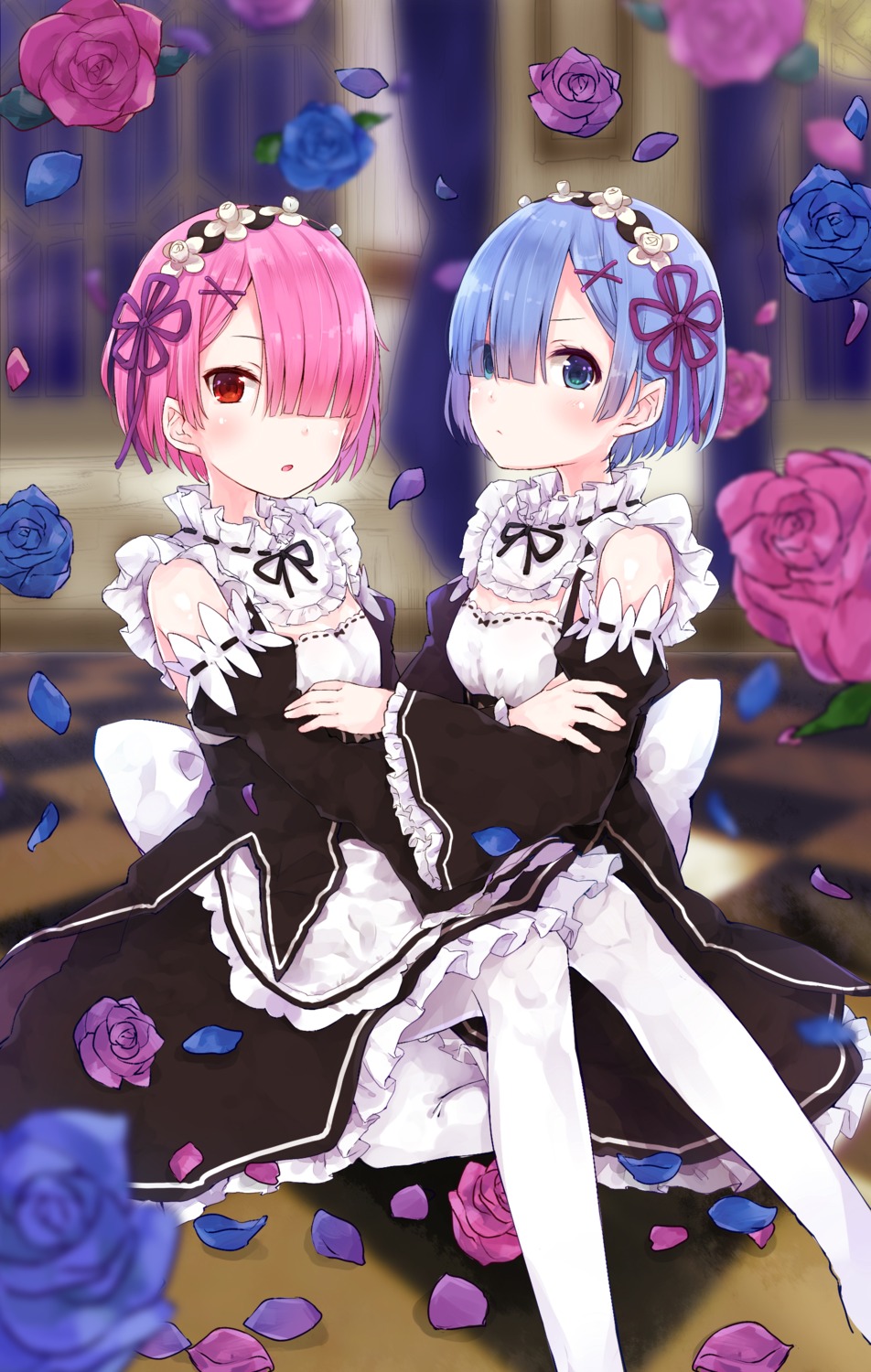 fushimi_sameta maid pantyhose ram_(re_zero) re_zero_kara_hajimeru_isekai_seikatsu rem_(re_zero)