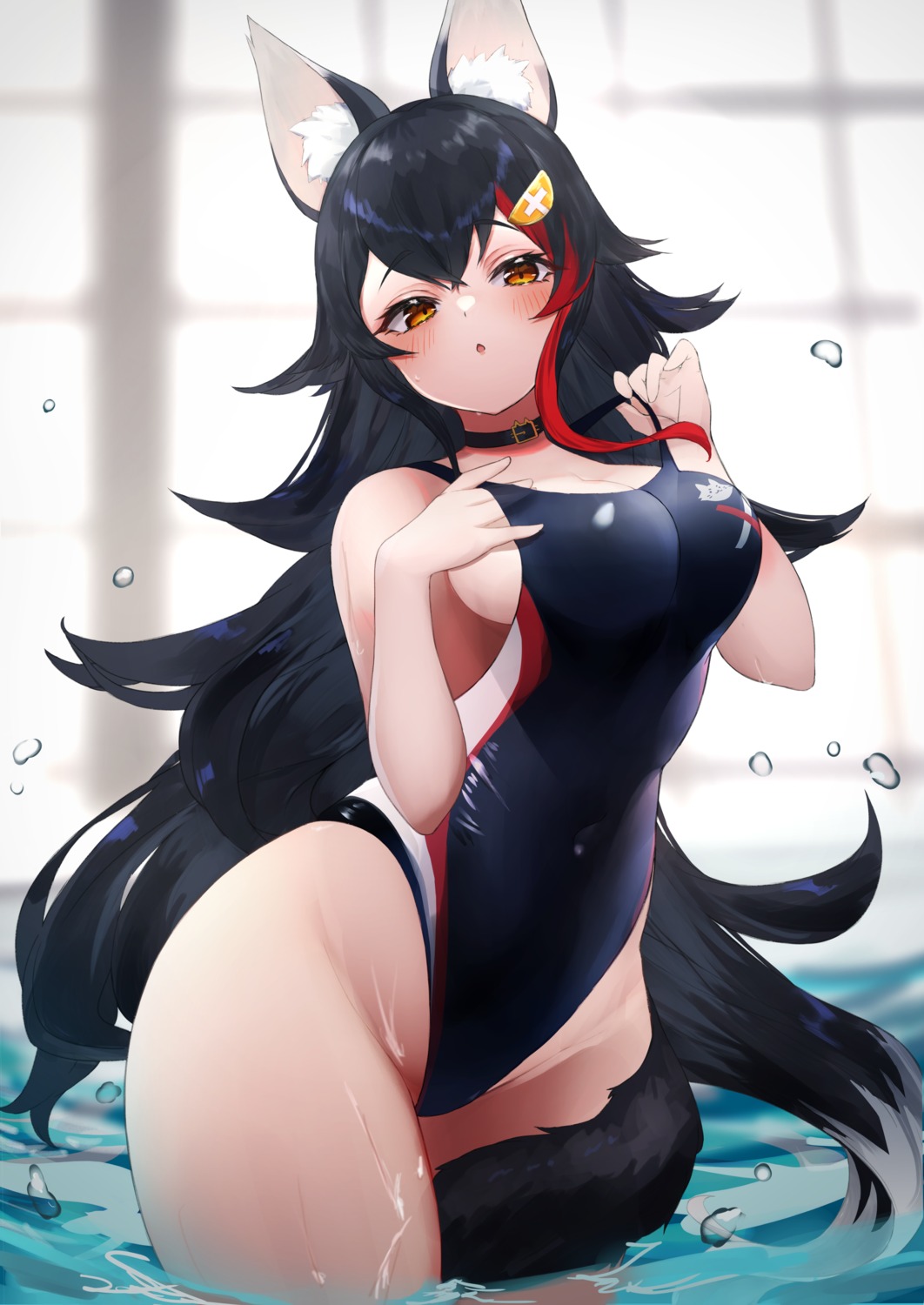 animal_ears garter higashigure hololive hololive_gamers ookami_mio swimsuits tail wet