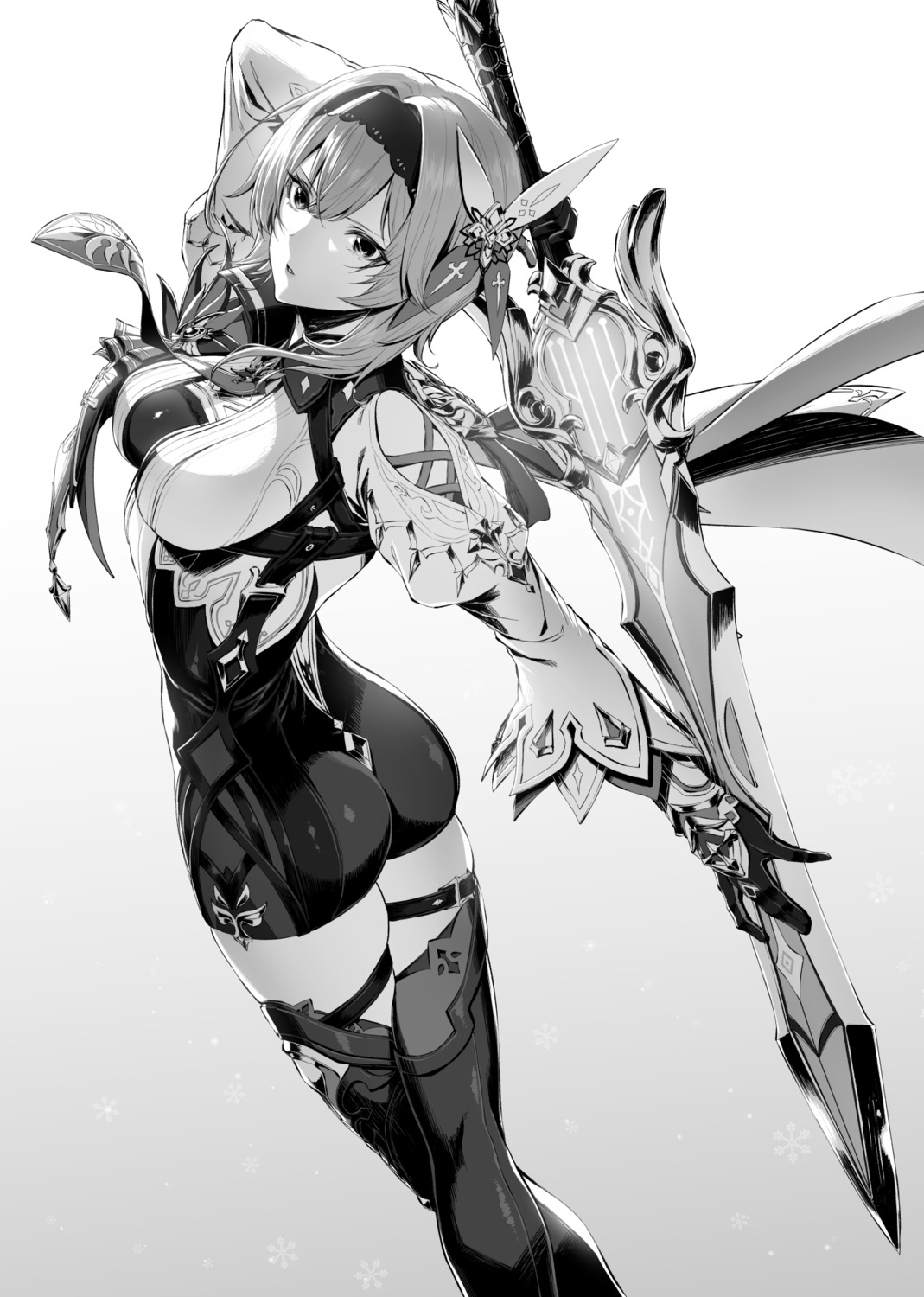 ass eula garter genshin_impact monochrome mugetsu sword thighhighs