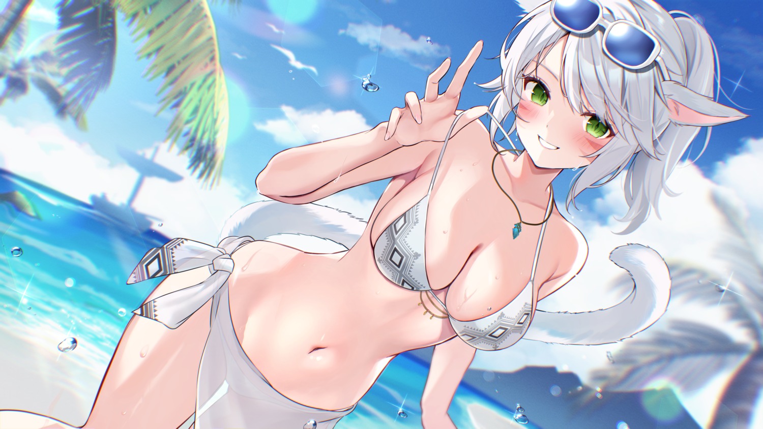 animal_ears bikini final_fantasy final_fantasy_xiv megane miqo'te nekomimi see_through su2525 swimsuits tail undressing