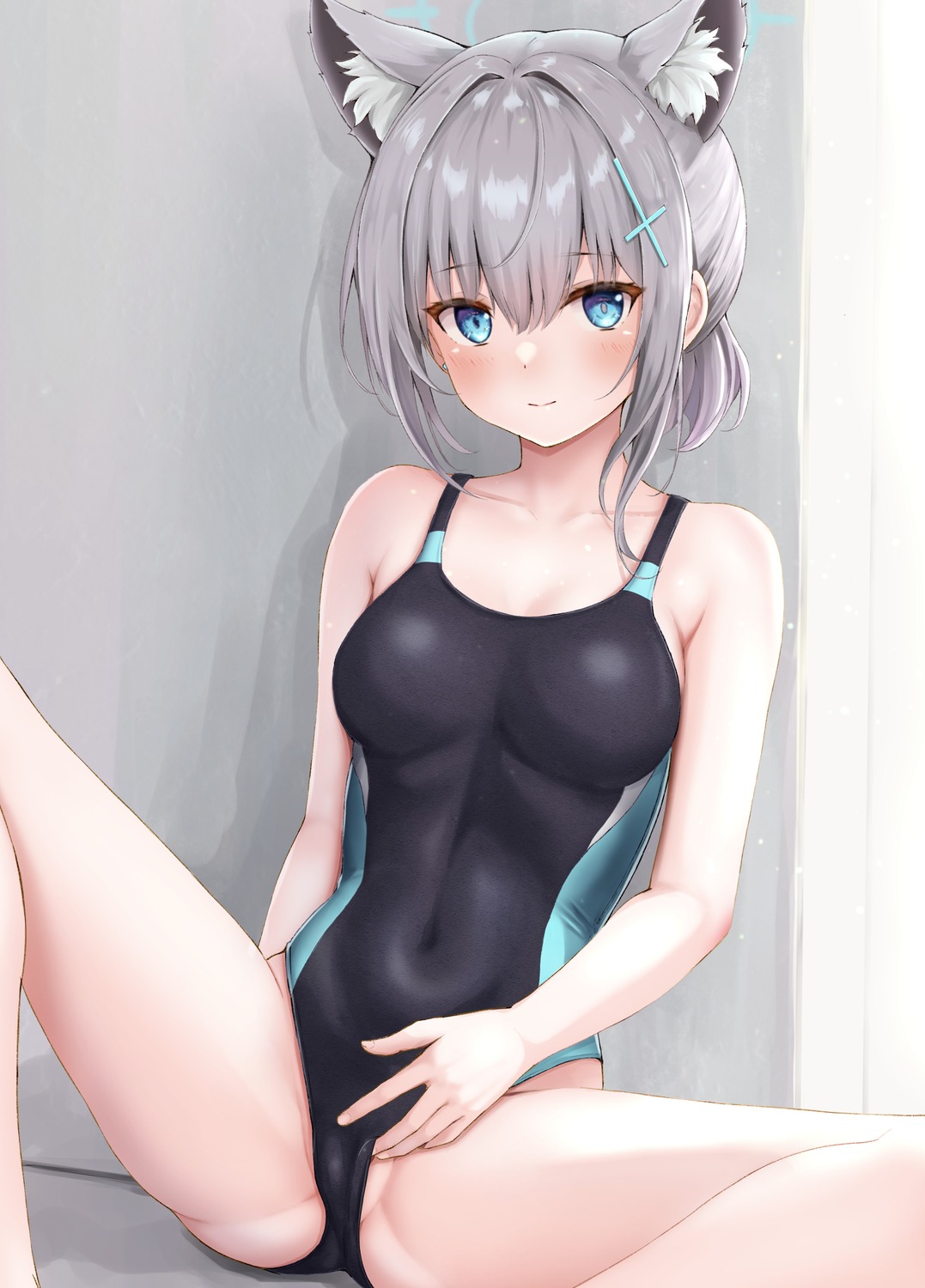 animal_ears blue_archive ca_paria cameltoe halo nekomimi sunaookami_shiroko swimsuits undressing