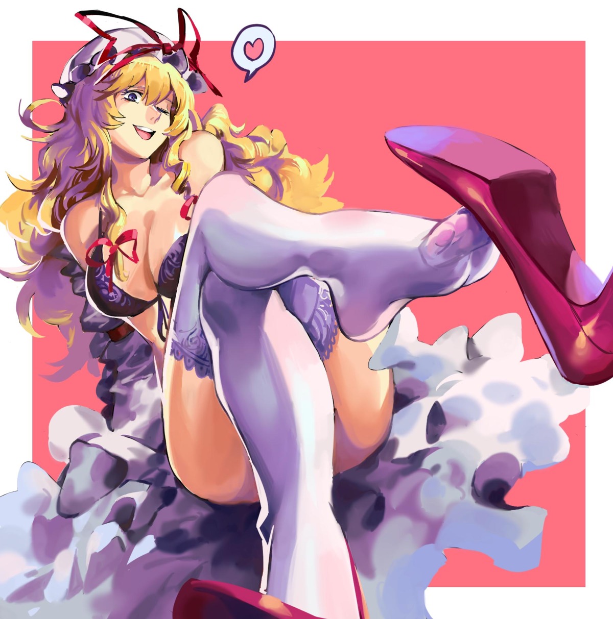 bra cleavage feet heels open_shirt ruukii_drift thighhighs touhou yakumo_yukari