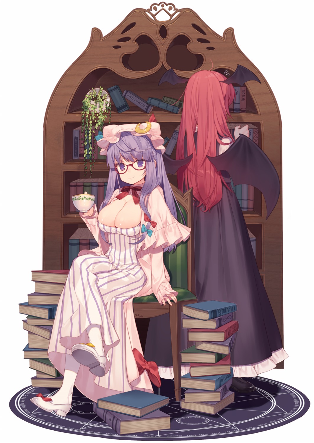 cleavage dress heels kitada_mo koakuma megane no_bra patchouli_knowledge touhou wings