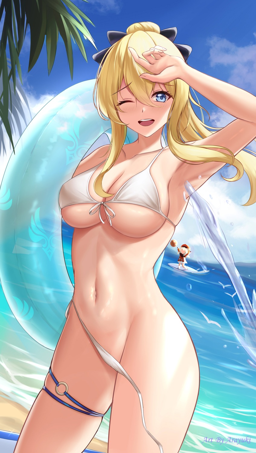 bikini garter genshin_impact jean_(genshin_impact) klee mu_xue panty_pull swimsuits wardrobe_malfunction