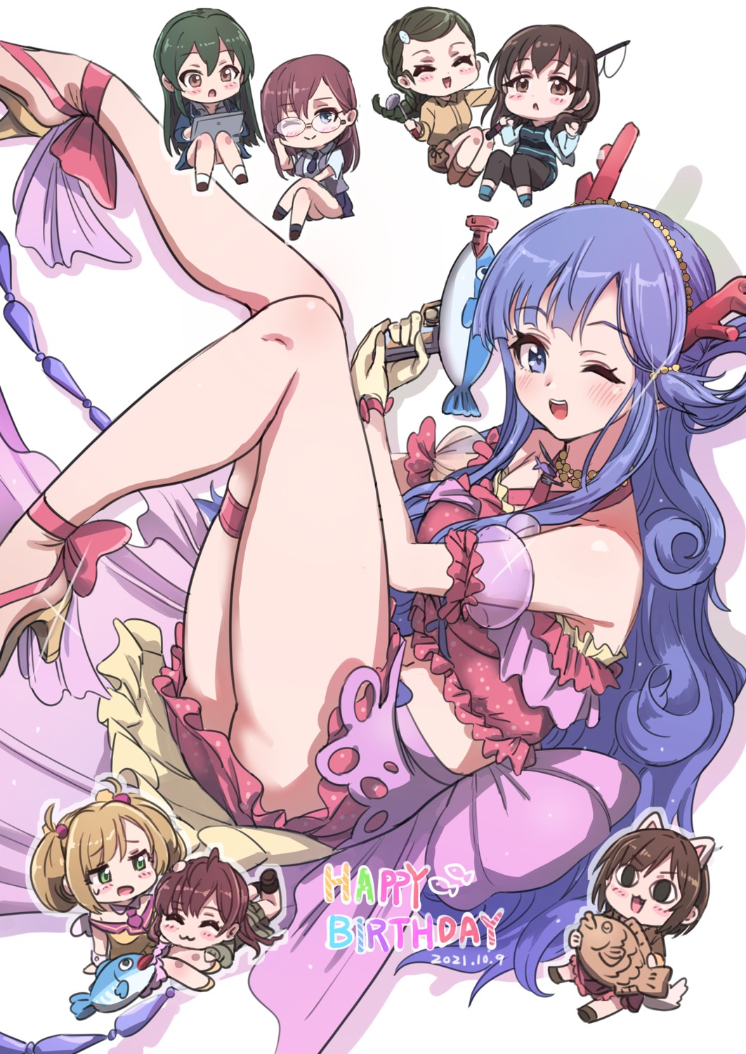 animal_ears asari_nanami chibi fujiwara_hajime gun heels horns ichinose_shiki maekawa_miku megane ooishi_izumi pizzasi satou_shin seifuku shutou_aoi skirt_lift tail the_idolm@ster the_idolm@ster_cinderella_girls yagami_makino