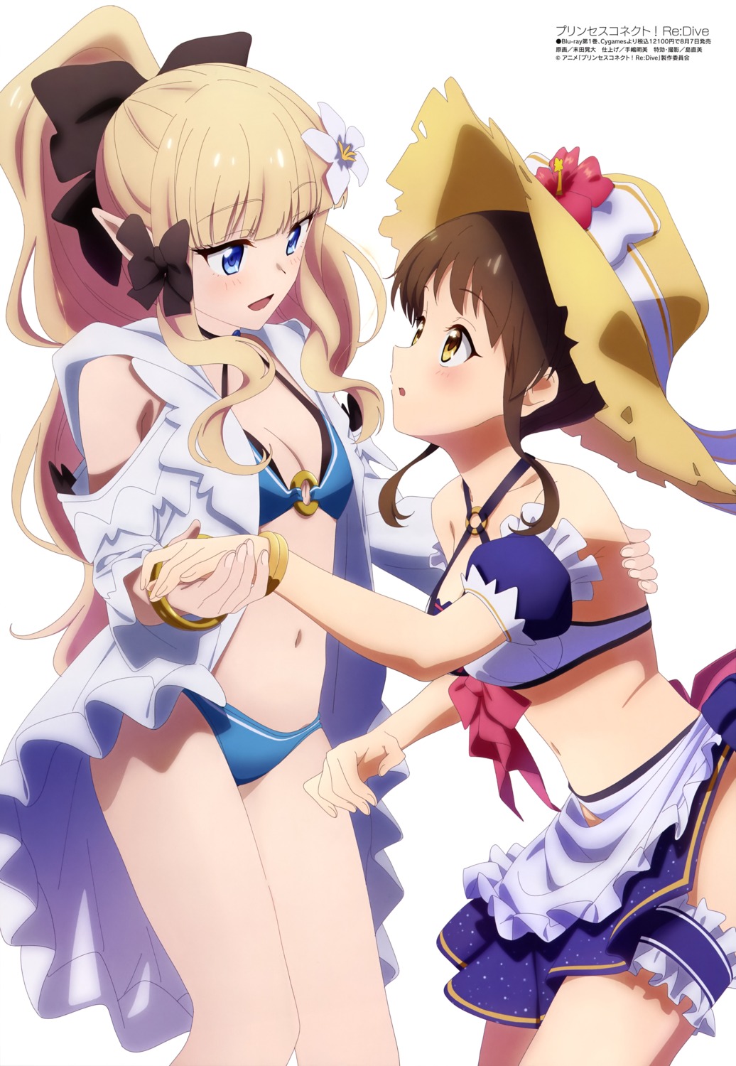 amano_suzume bikini cleavage garter open_shirt pointy_ears princess_connect! princess_connect!_re:dive sasaki_saren skirt_lift sueda_akihiro swimsuits yuri