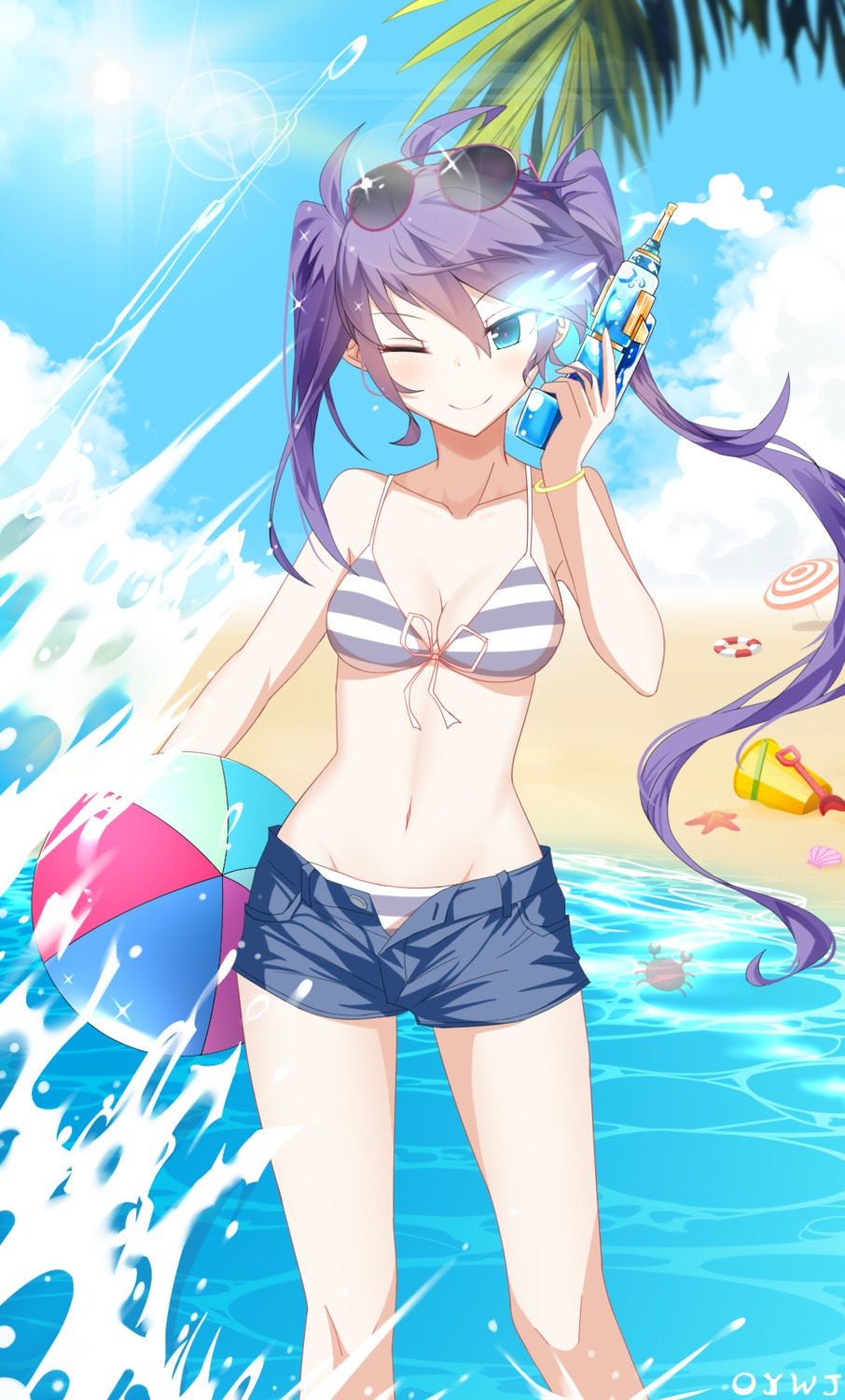 bikini black_rock_shooter cleavage gun kuroi_mato megane oywj swimsuits wet