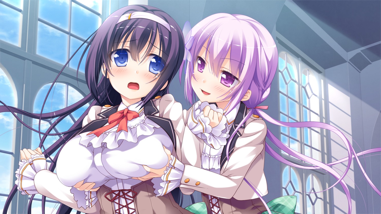 breast_grab game_cg nanase_meruchi seifuku seresutia_aria unlucky_re:birth/reverse windmill yuri