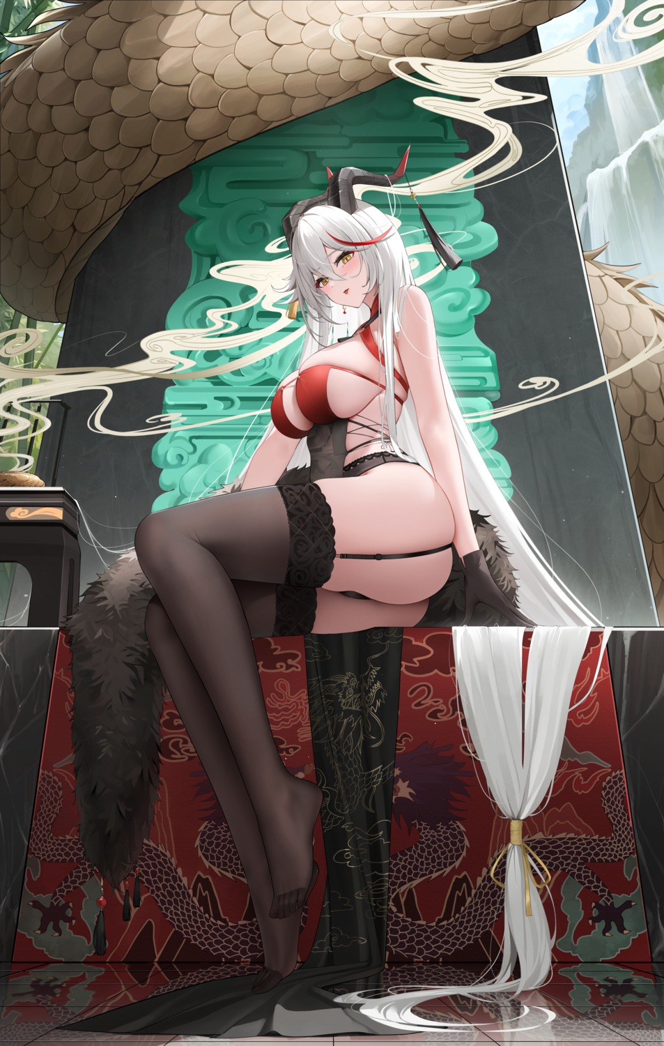 aegir_(azur_lane) asian_clothes azur_lane garter_belt horns no_bra pantsu qing_wu stockings thighhighs thong