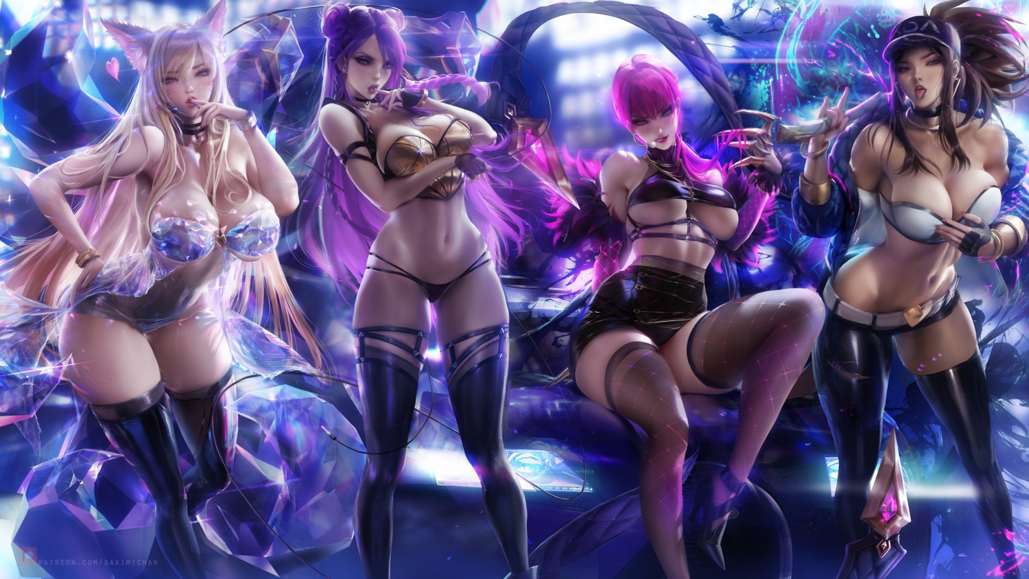 ahri akali animal_ears bra breast_hold cleavage evelynn heels kai'sa league_of_legends no_bra pantsu sakimichan see_through thighhighs