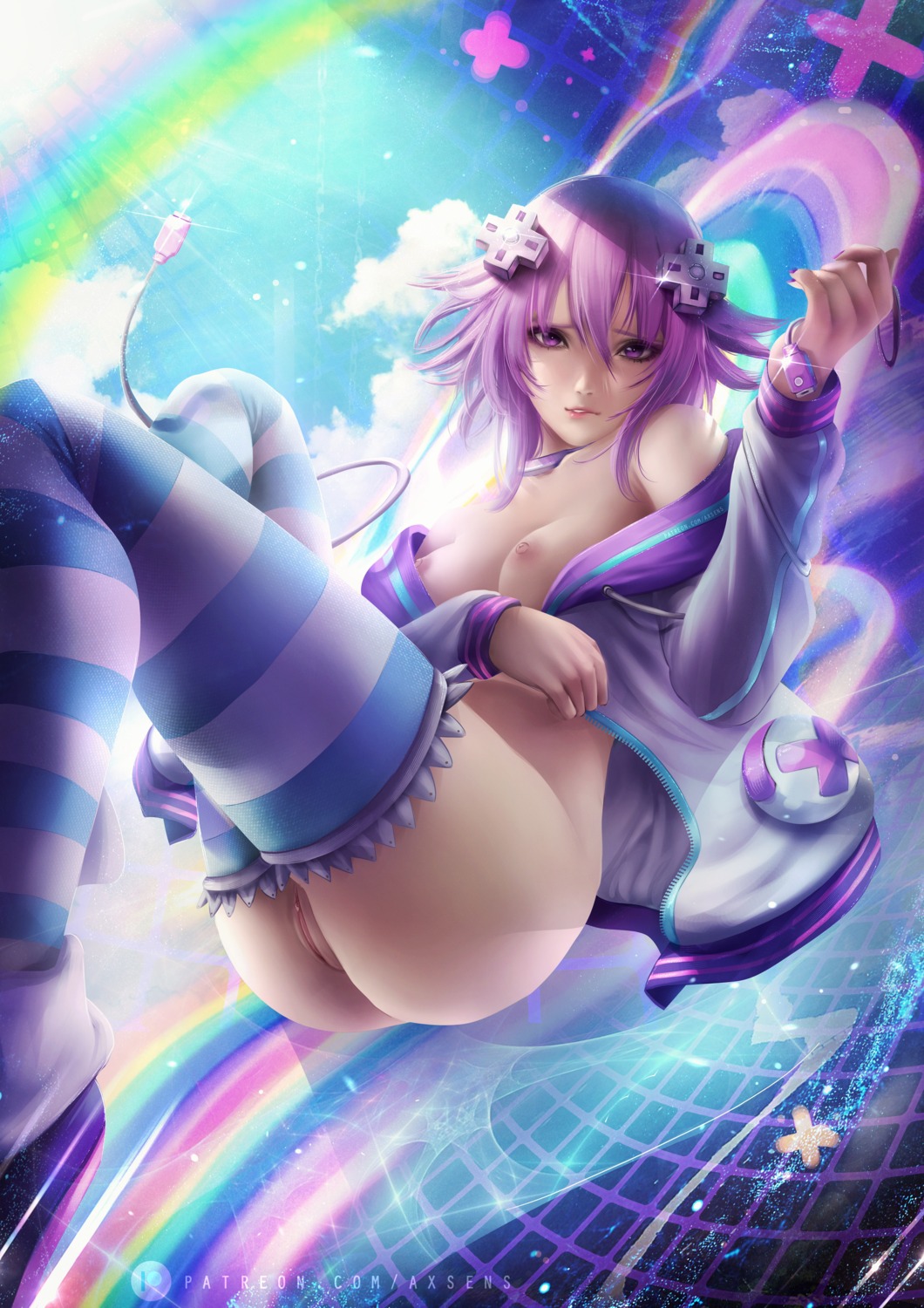 axsens bottomless breasts choujigen_game_neptune neptune nipples no_bra open_shirt pussy thighhighs uncensored