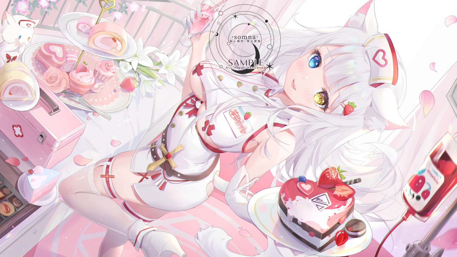 animal_ears garter heterochromia nekomimi no_bra nurse sample somna stockings tail thighhighs