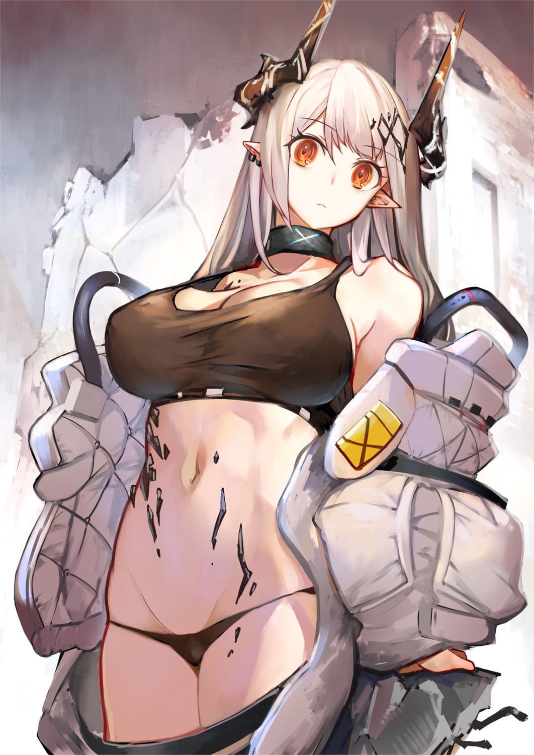 arknights cleavage horns mudrock_(arknights) pantsu pointy_ears pupps