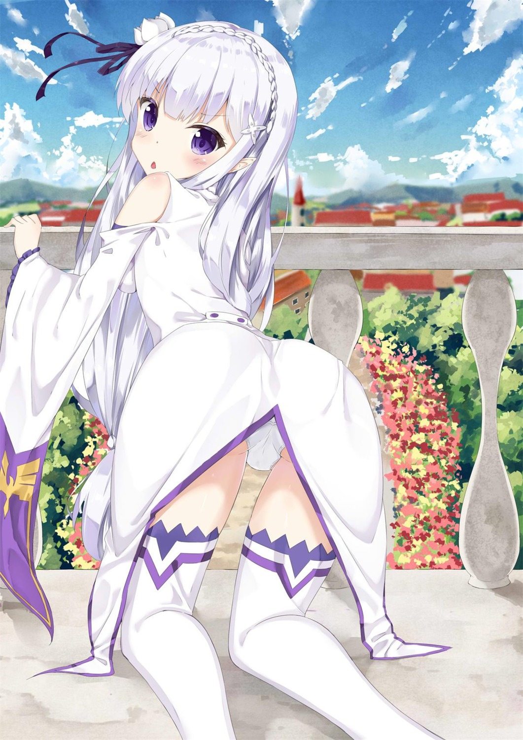 ass elf emilia_(re_zero) pantsu pointy_ears re_zero_kara_hajimeru_isekai_seikatsu tagme thighhighs