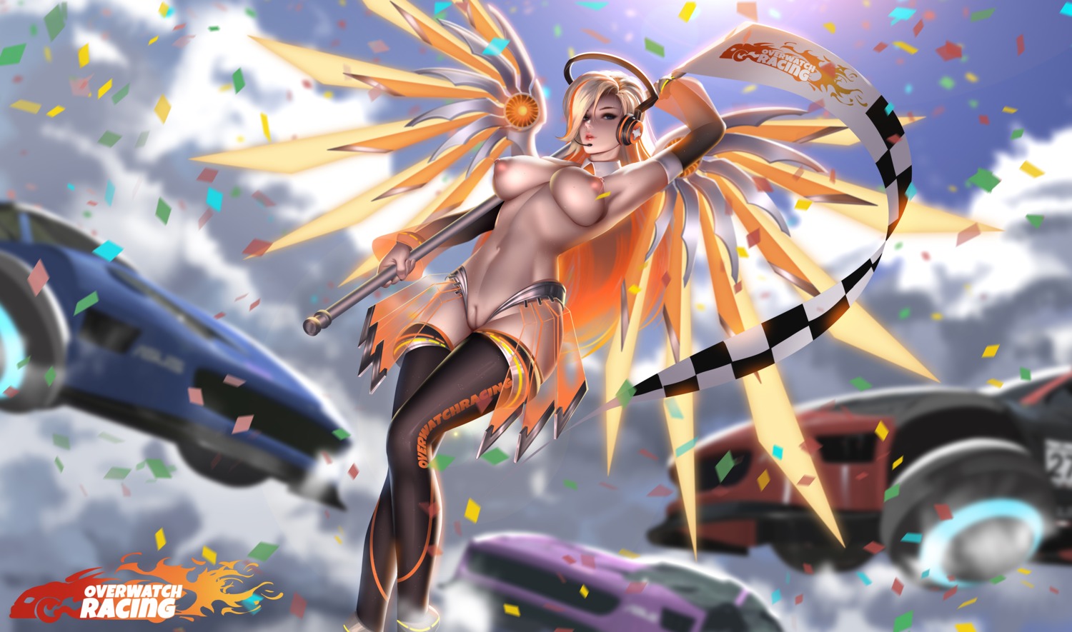 headphones liang_xing mercy_(overwatch) naked nipples overwatch pussy thighhighs uncensored wings