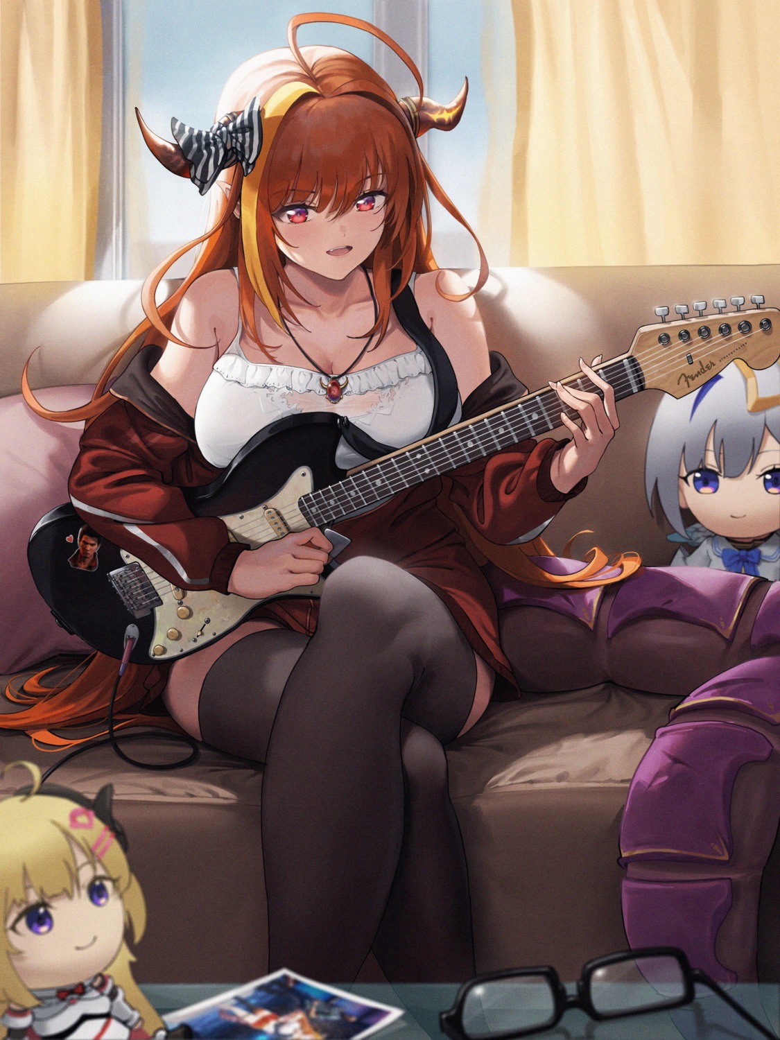 amane_kanata chibi guitar hololive horns kiryuu_coco ko-ma monster_girl tail thighhighs tsunomaki_watame