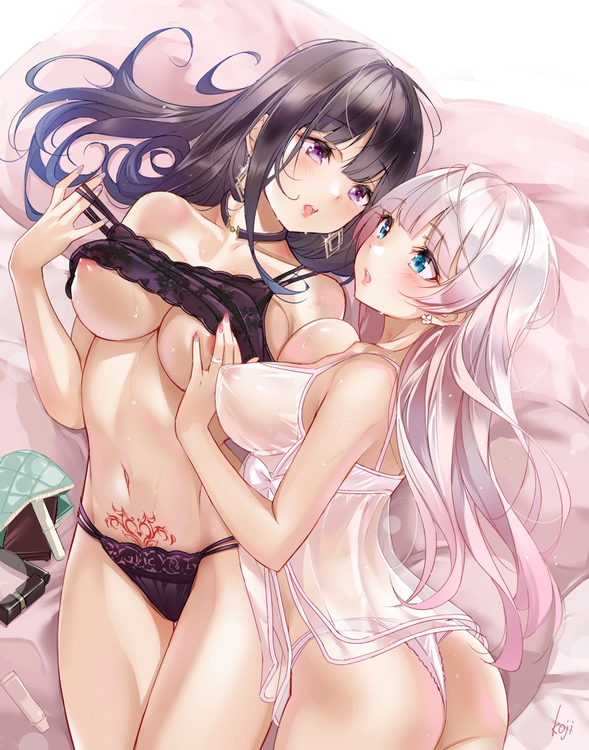 koji_(kojikojimdw) nipples pantsu see_through tattoo thong yuri