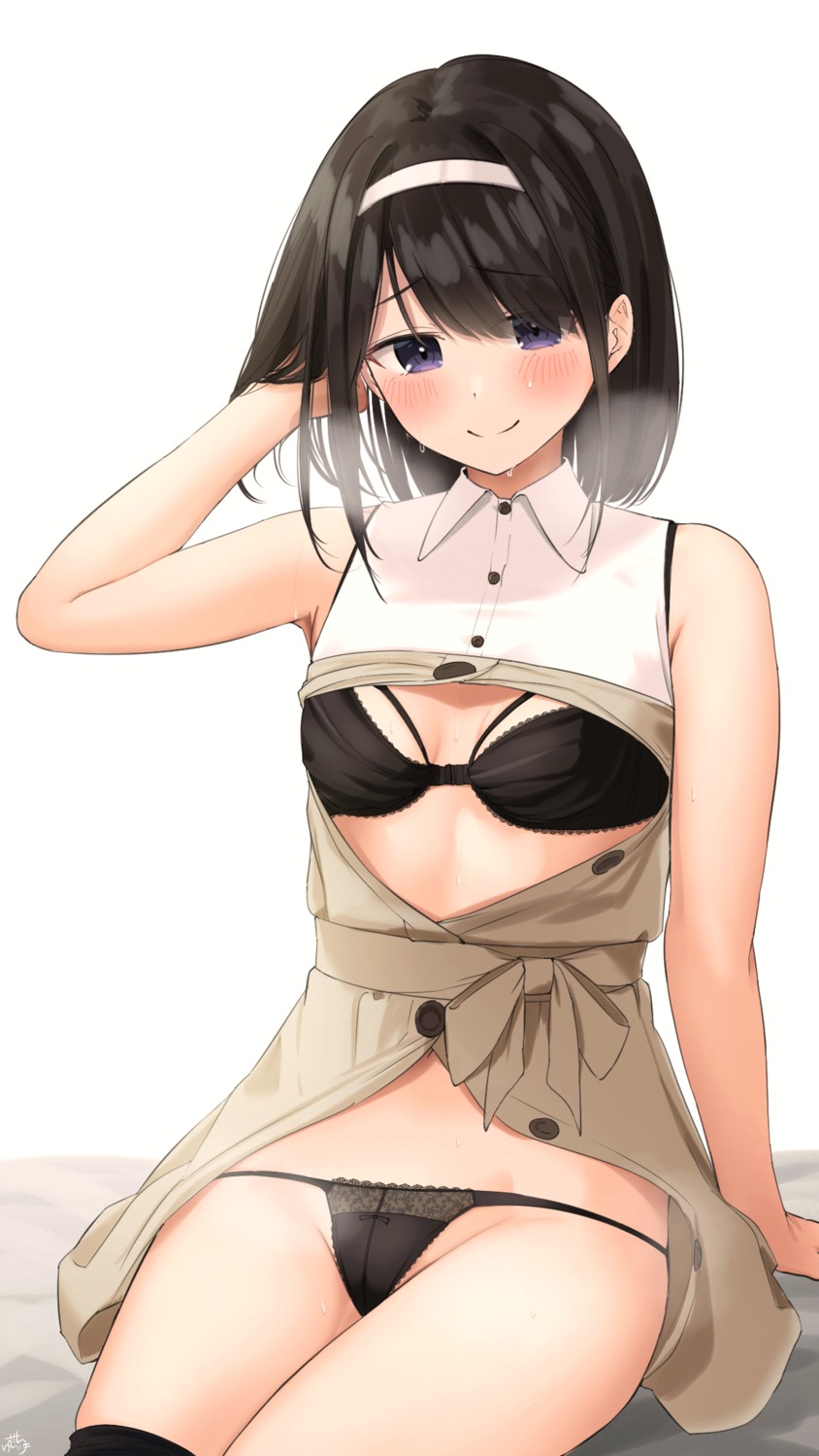 bra kurokami-chan_(ramchi) open_shirt pantsu ramchi skirt_lift