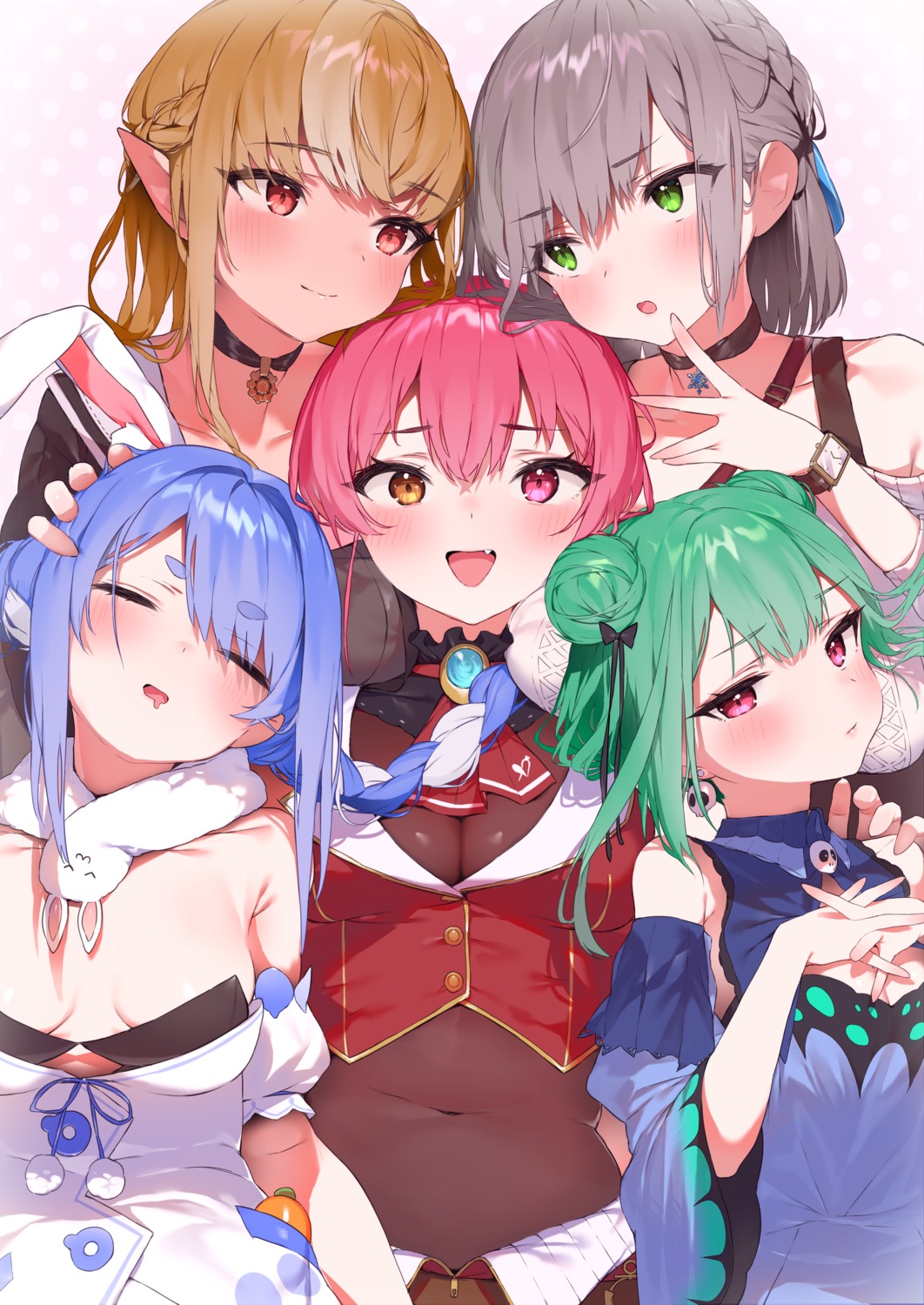 animal_ears bunny_ears elf heterochromia hololive houshou_marine no_bra pointy_ears pomesaurus seifuku shiranui_flare shirogane_noel uruha_rushia usada_pekora