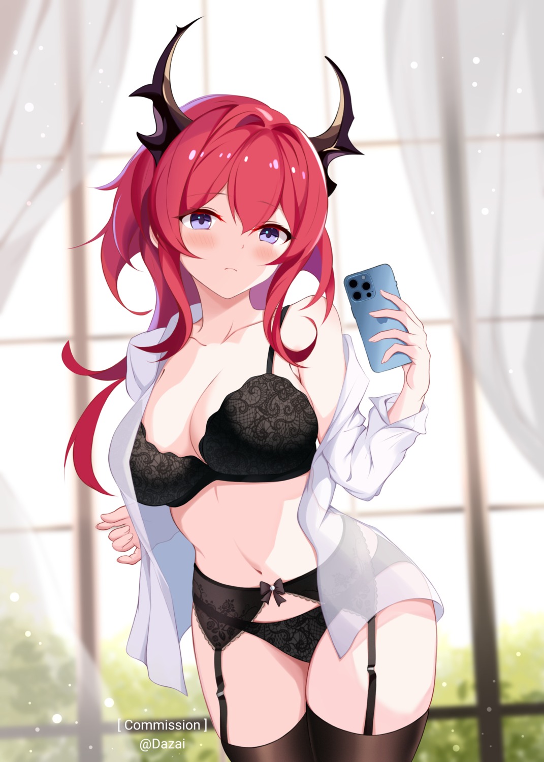 arknights bra garter_belt open_shirt pantsu penguin_uwu selfie stockings surtr_(arknights) thighhighs