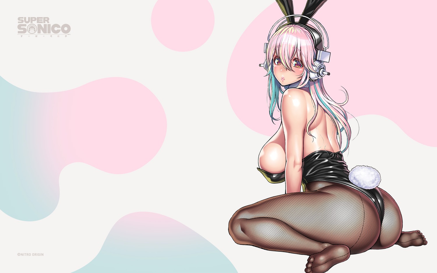 animal_ears ass bunny_ears bunny_girl fishnets headphones no_bra pantyhose sonico super_sonico tail tsuji_santa wallpaper