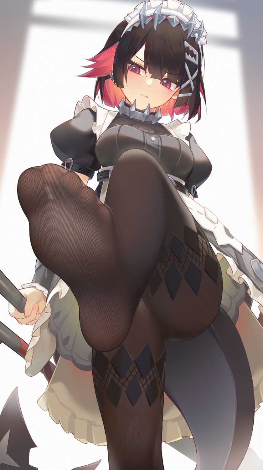 ellen_joe feet hongshi_(13234456009) maid pantyhose skirt_lift tail weapon zenless_zone_zero