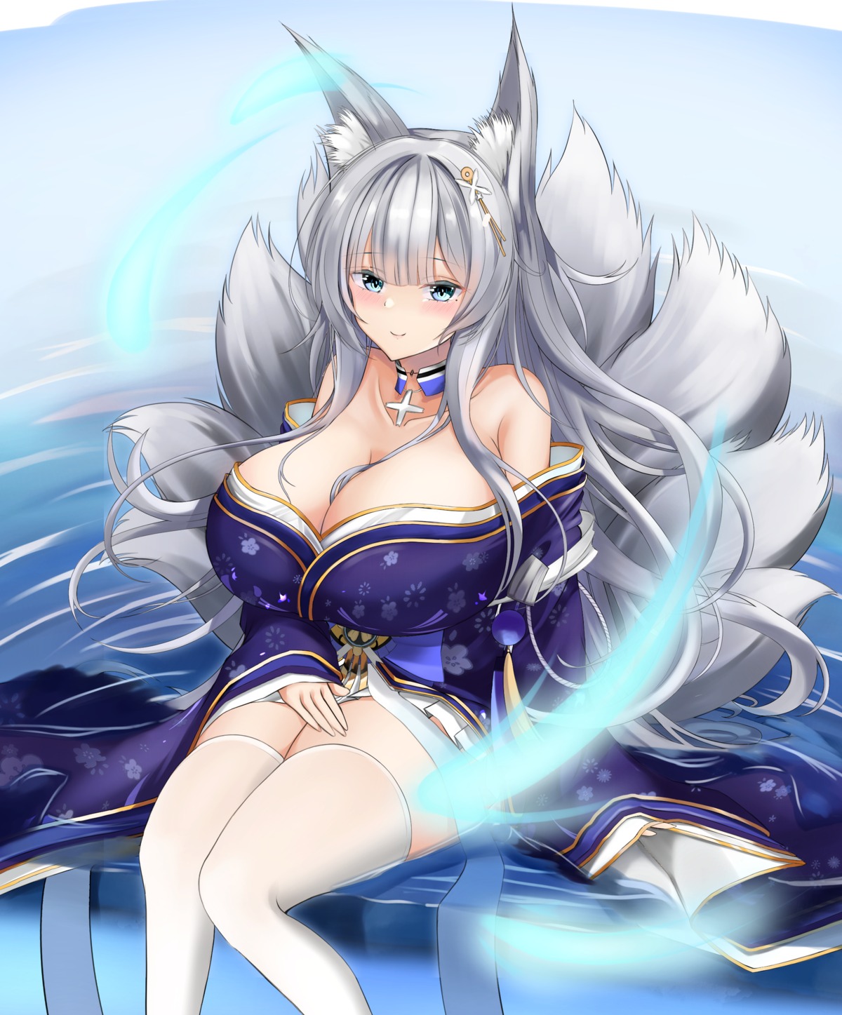 animal_ears azur_lane cleavage japanese_clothes kitsune micchamu no_bra open_shirt shinano_(azur_lane) tail thighhighs wet