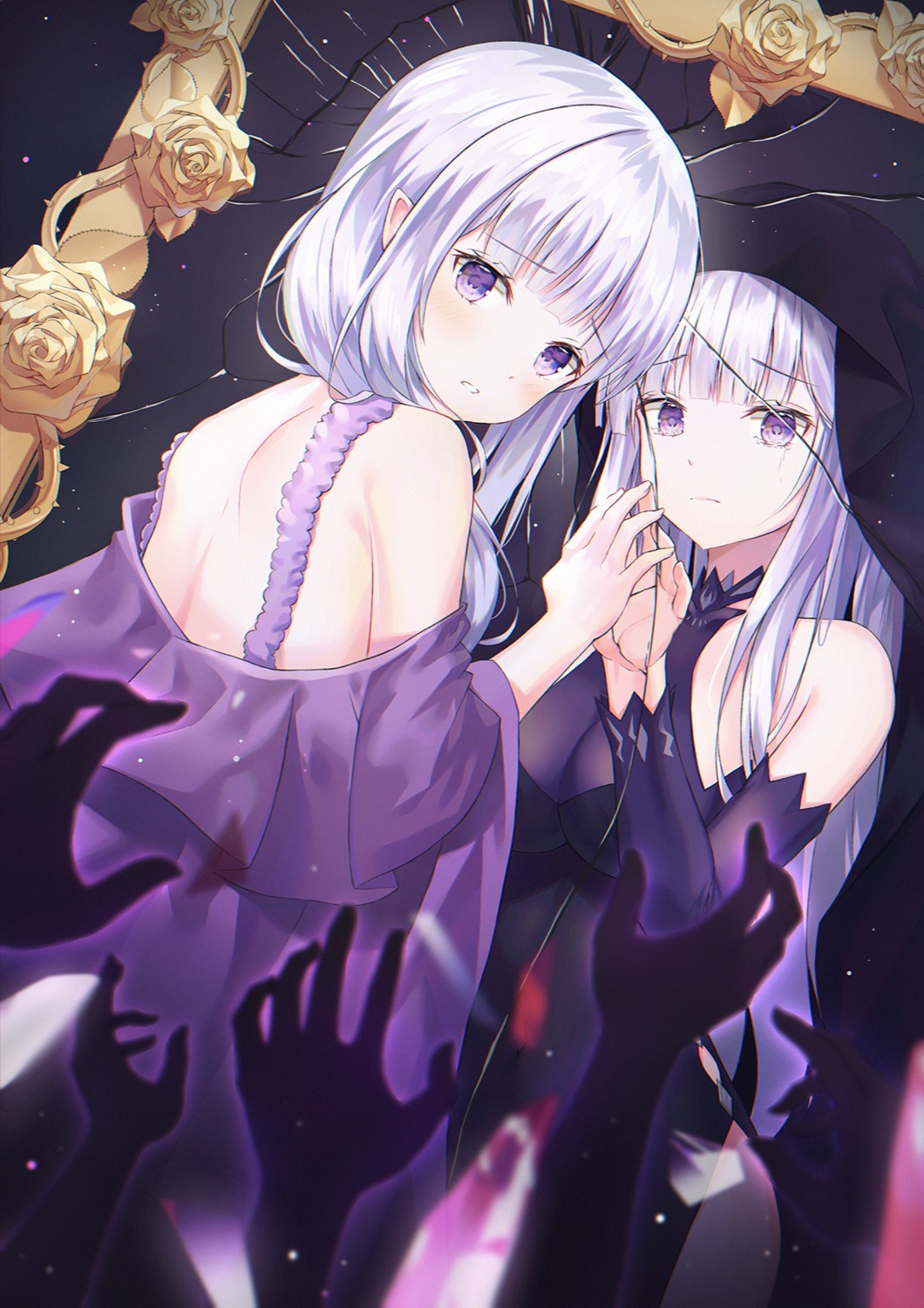 Hyonee Re Zero Kara Hajimeru Isekai Seikatsu Emilia Re Zero Satella Re Zero Dress No Bra Pointy Ears See Through 686606 Yande Re